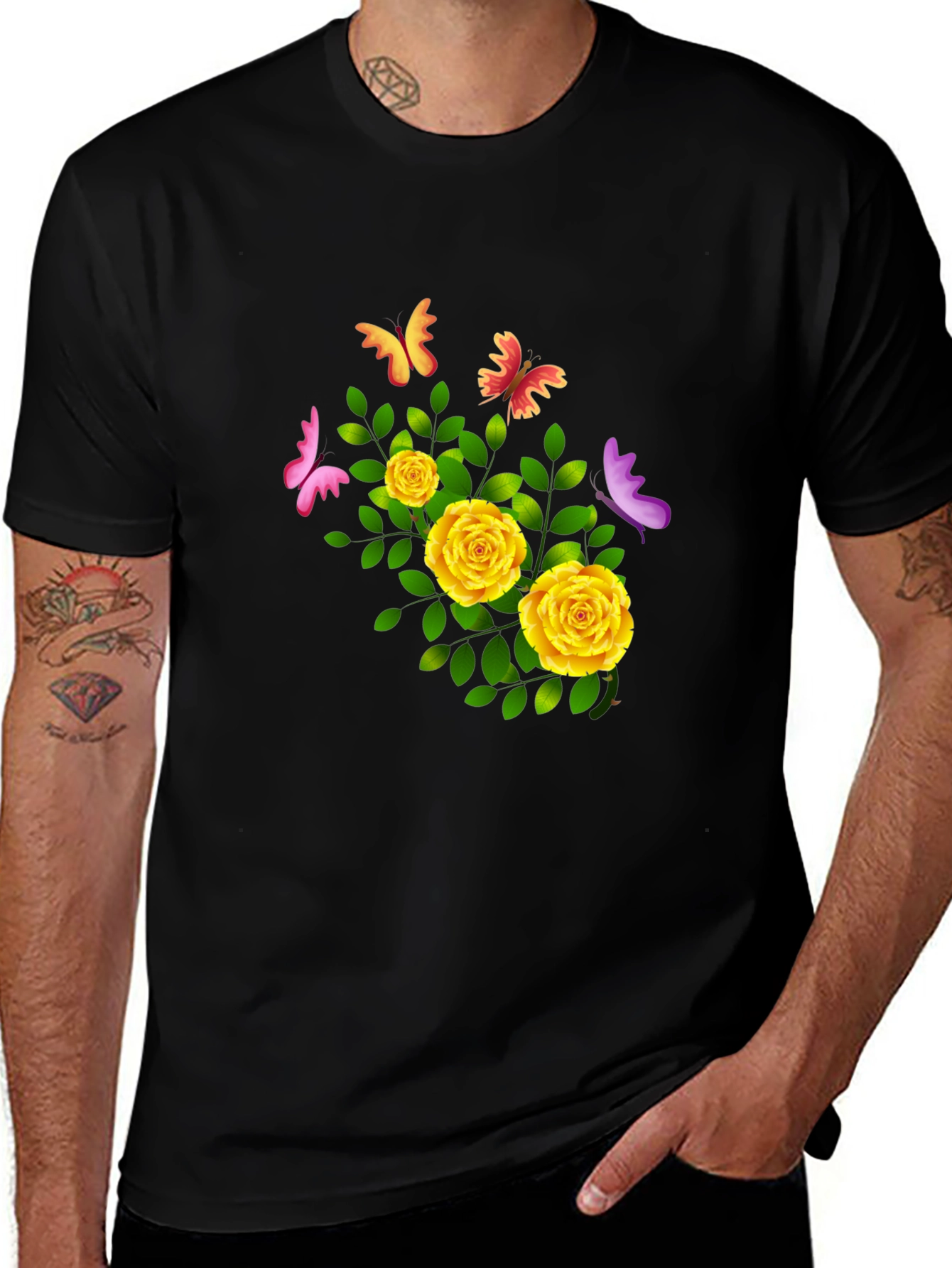 Variant 15 of Floral Butterfly Graphic Black T-Shirt