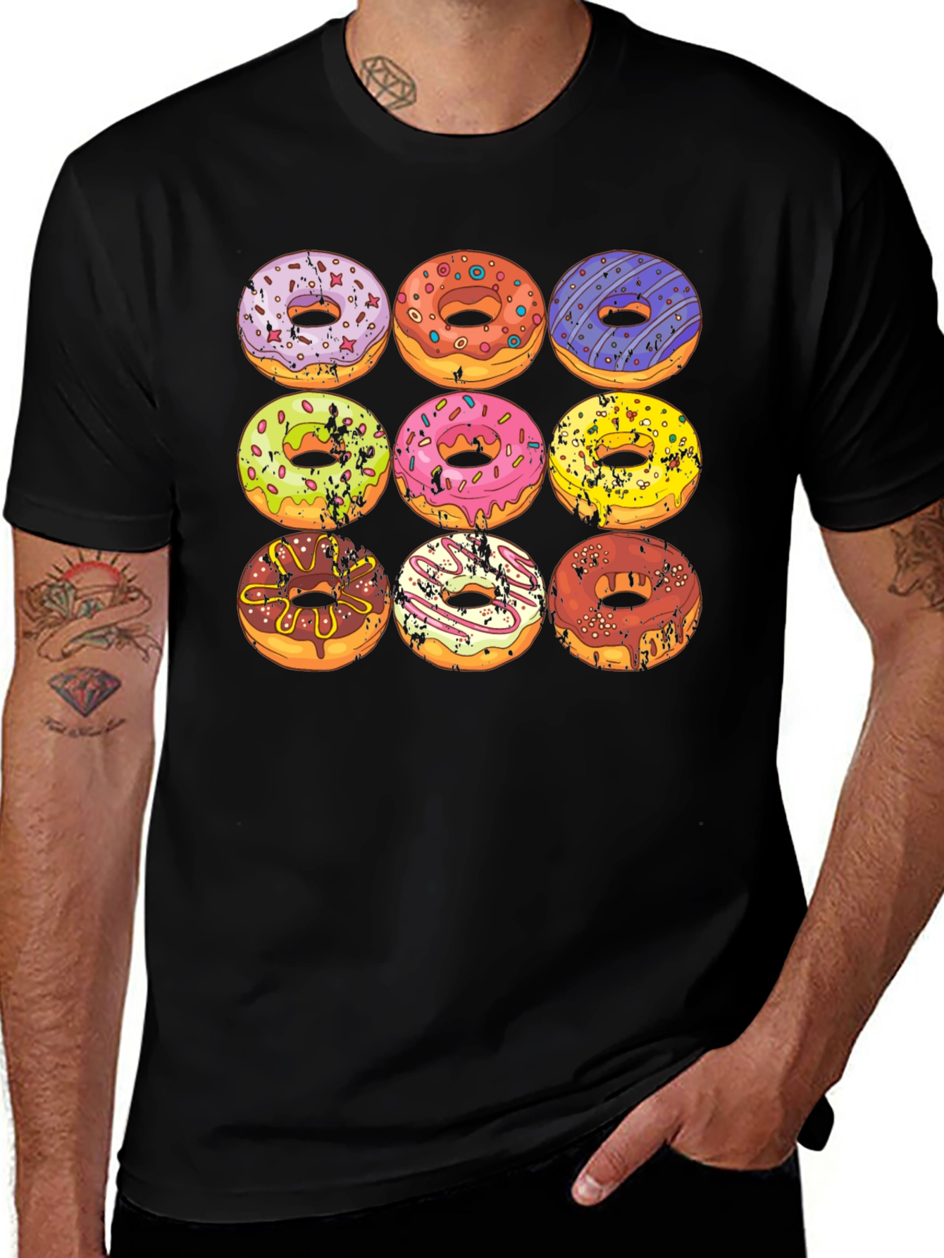 Variant 27 of Donut Pattern Graphic Tee - Black Cotton Blend