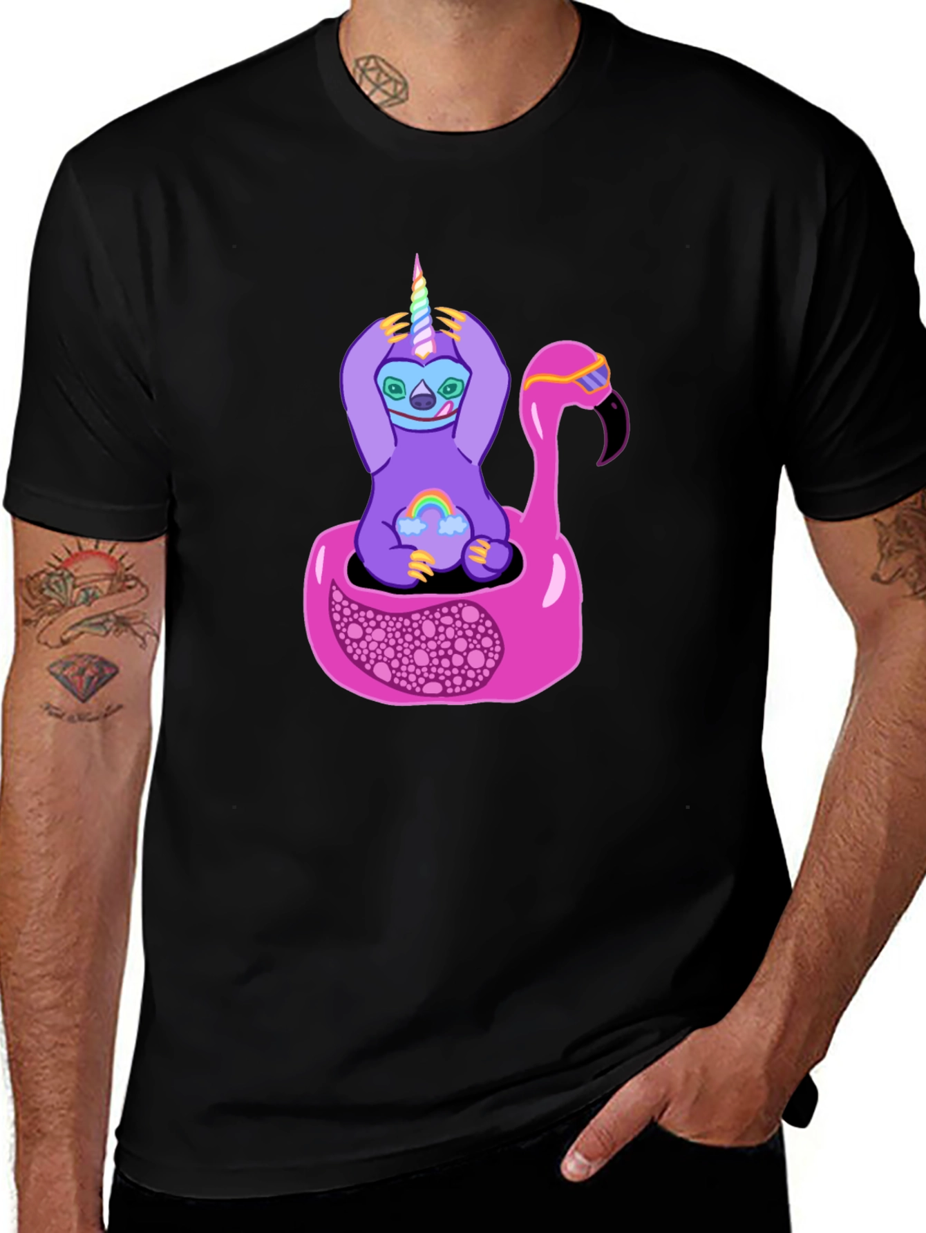 Black Sloth Unicorn Flamingo Pool Float Graphic Tee main image