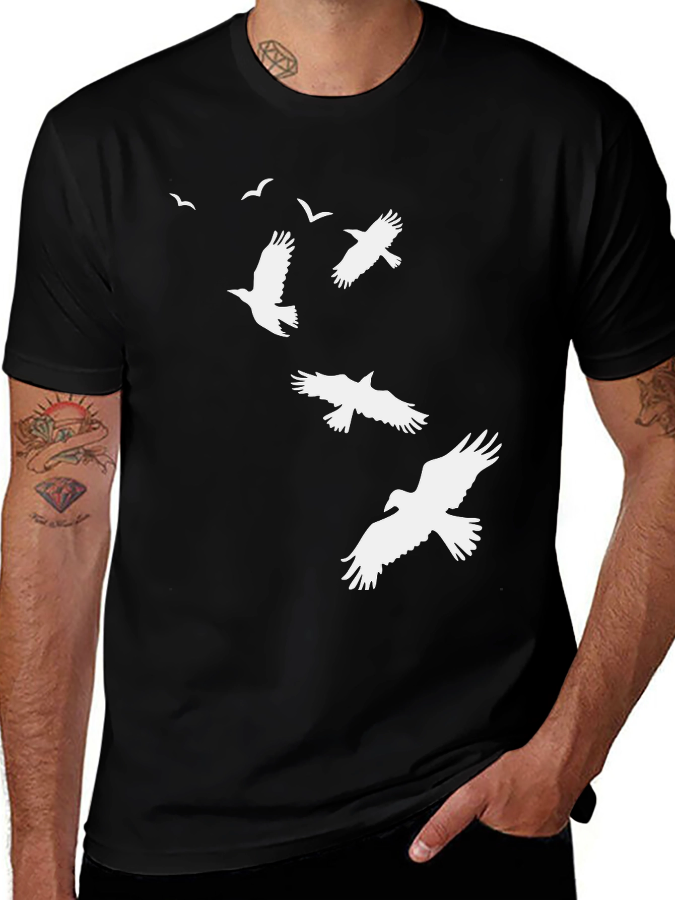 Variant 10 of Men's Black T-Shirt with White Flying Birds Design
