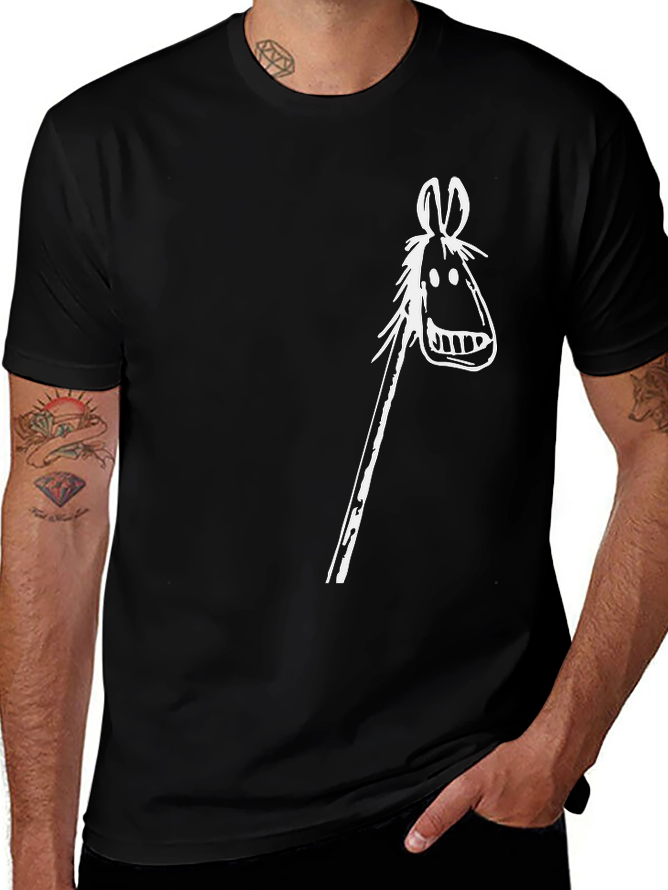 Variant 13 of Black T-Shirt with White Stick Horse Graphic