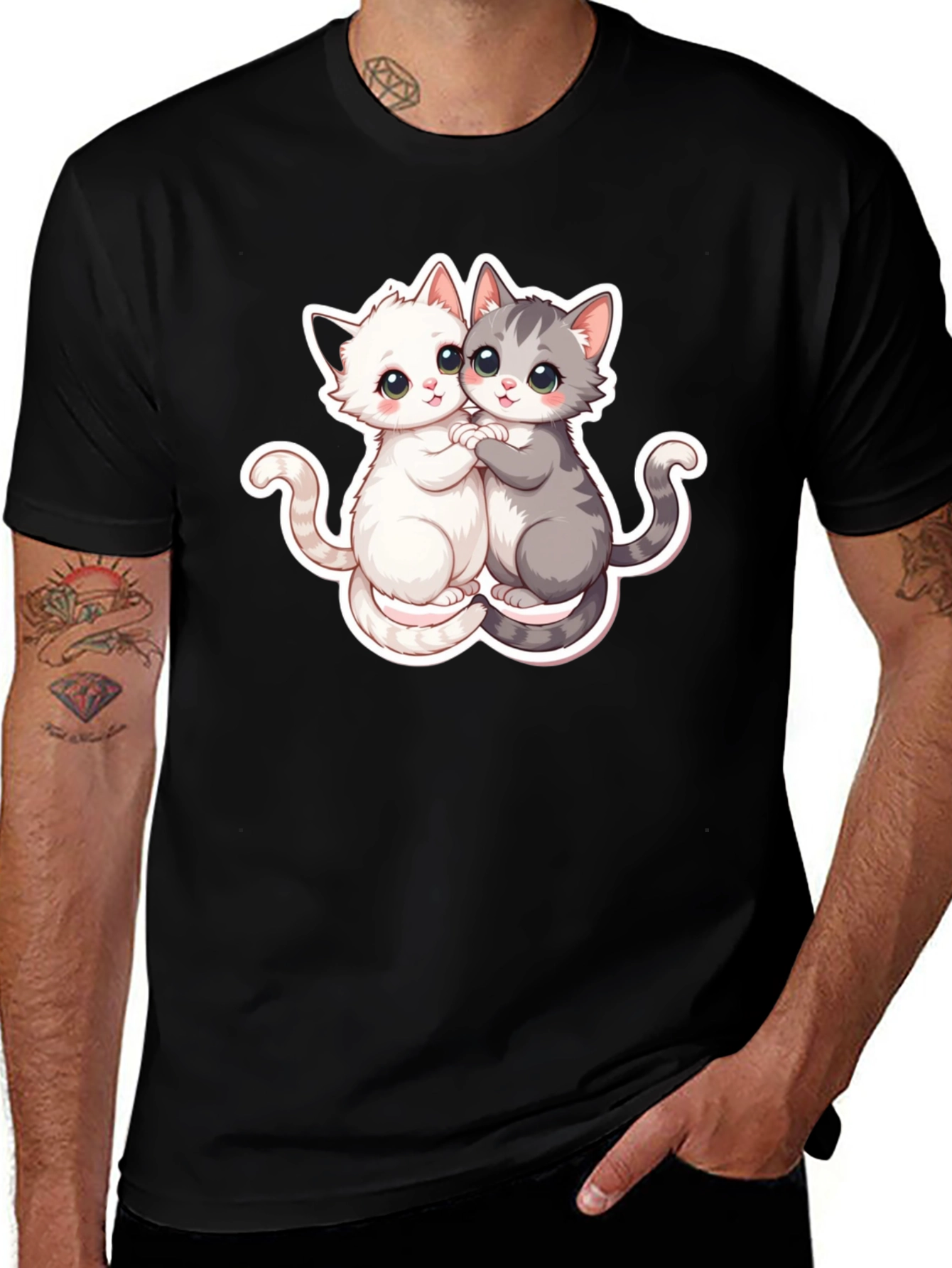 Variant 25 of Cute Cartoon Cat Couple Black T-Shirt