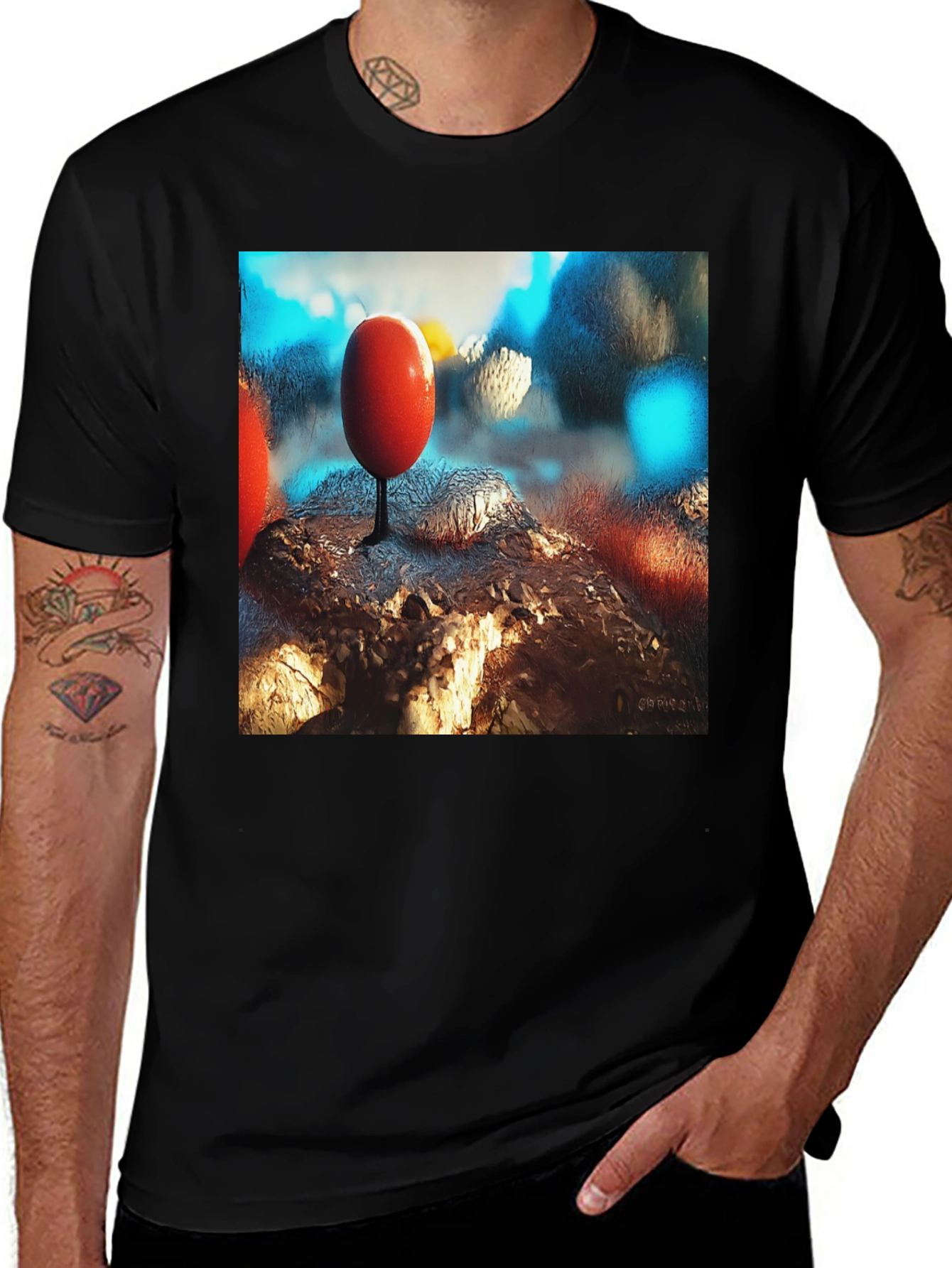 Variant 30 of Artistic Black T-Shirt with Abstract Red Object Design