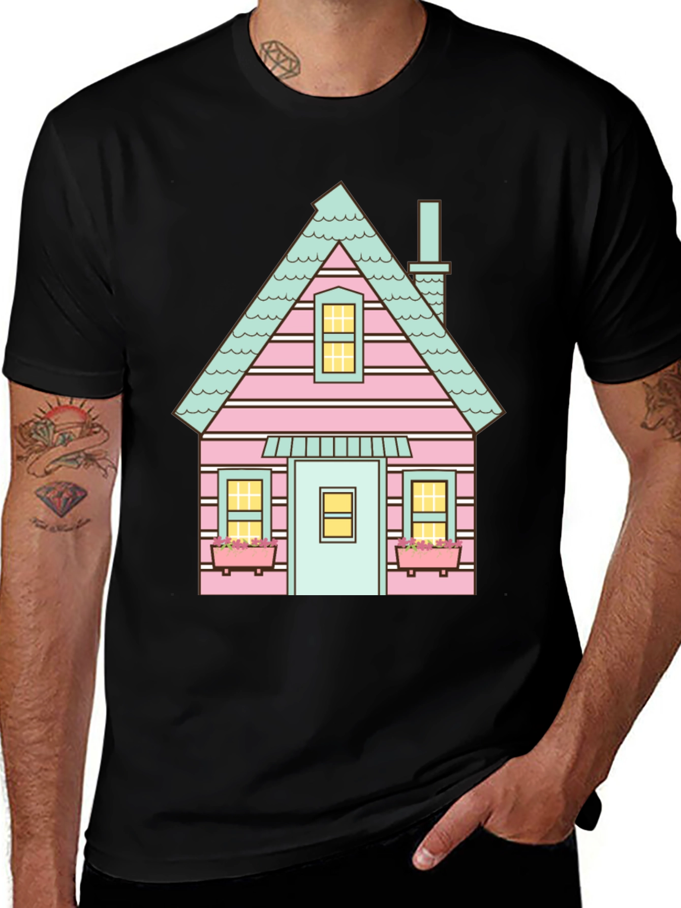 Cute House Graphic Tee - Black Cotton T-Shirt