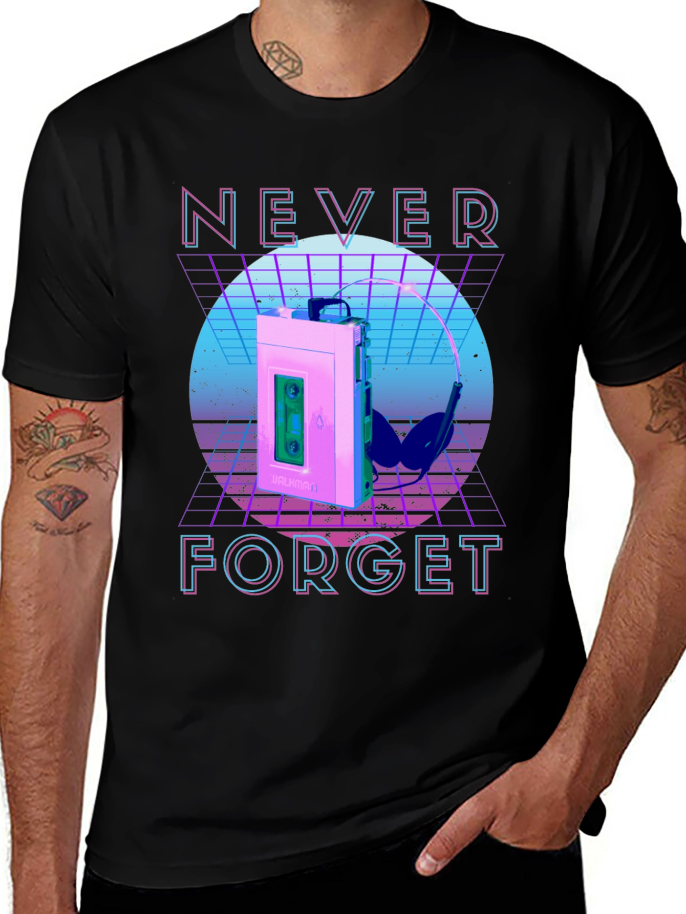 Retro Wave 'Never Forget' Cassette Player Graphic T-Shirt