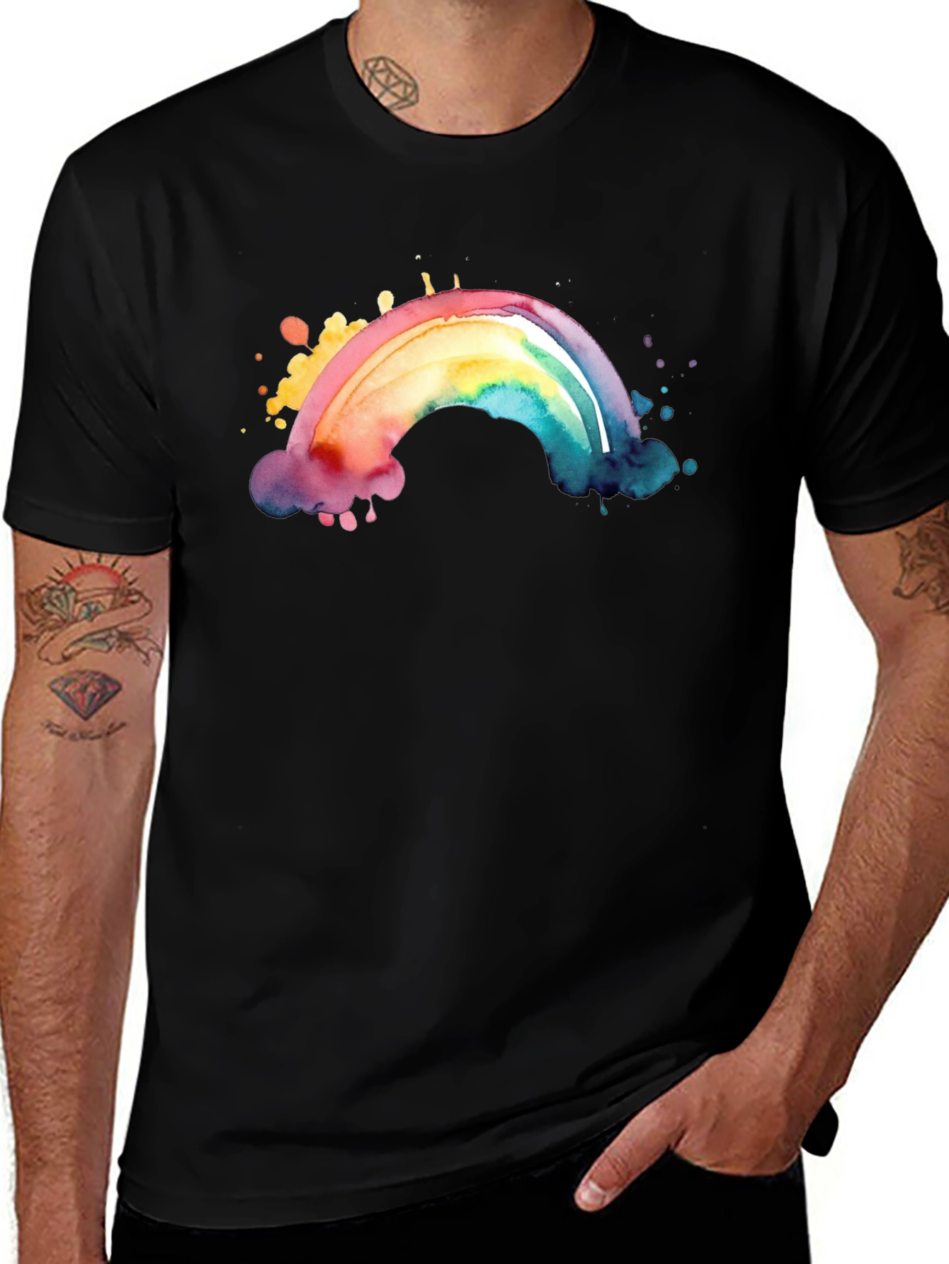 Variant 9 of Rainbow Watercolor Graphic Black T-Shirt