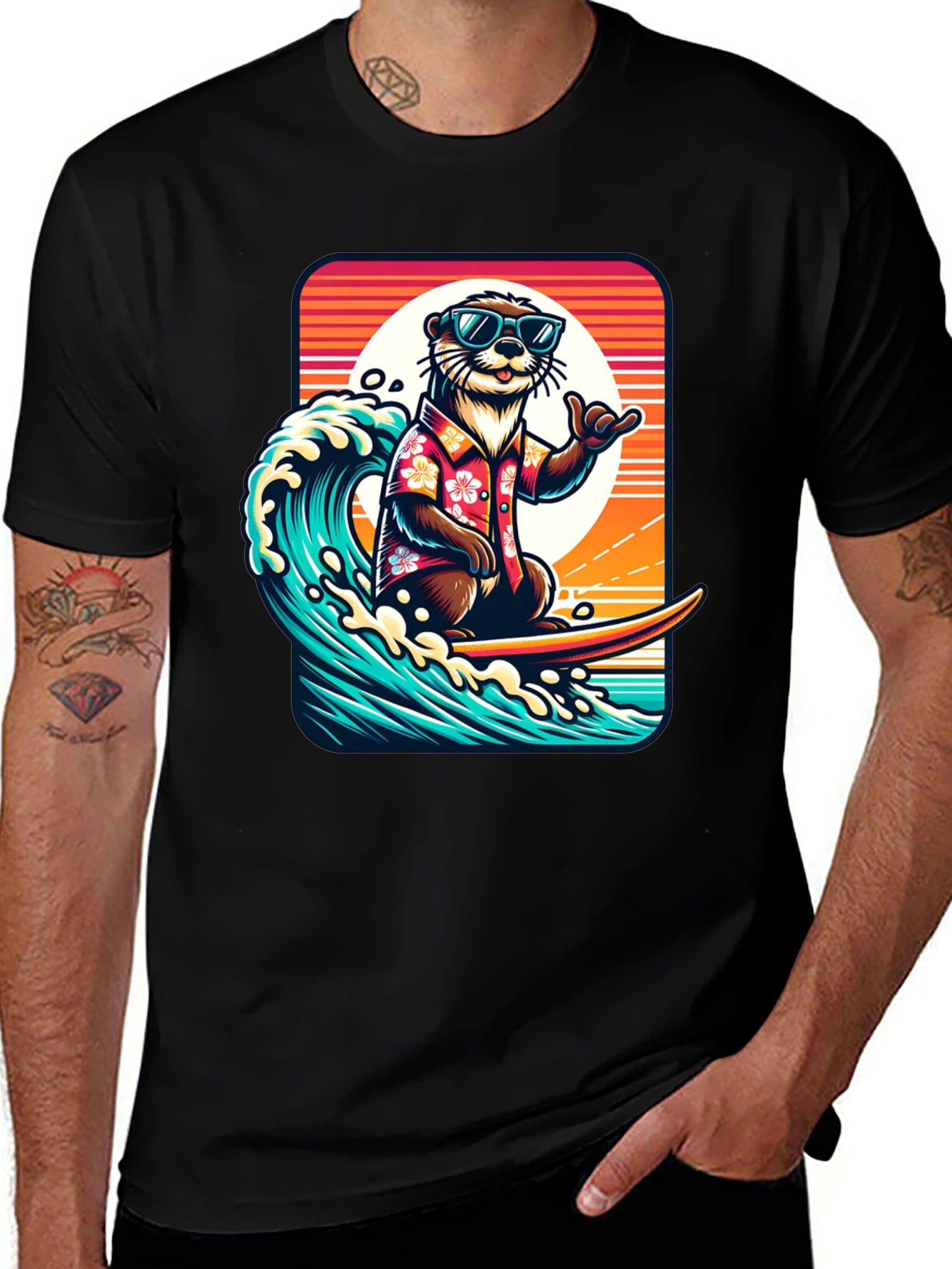 Variant 15 of Surfing Otter Graphic Tee - Cool Hawaiian Style