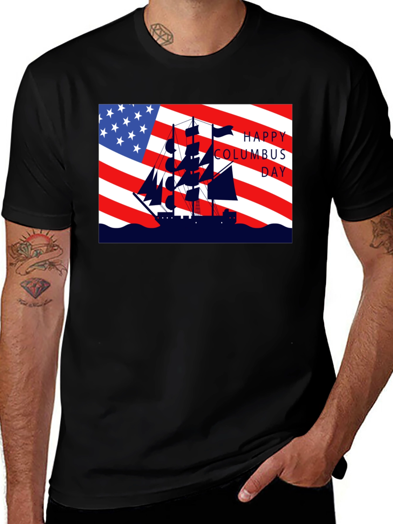 Columbus Day T-Shirt American Flag Sailing Ship Tee