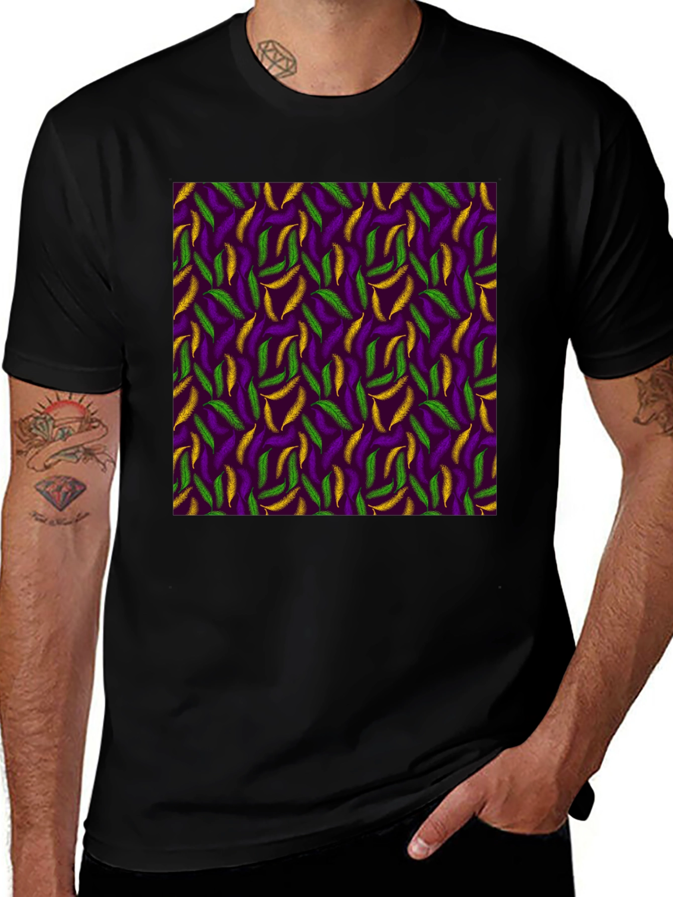 Black Mardi Gras Feather Pattern Crewneck T-Shirt main image