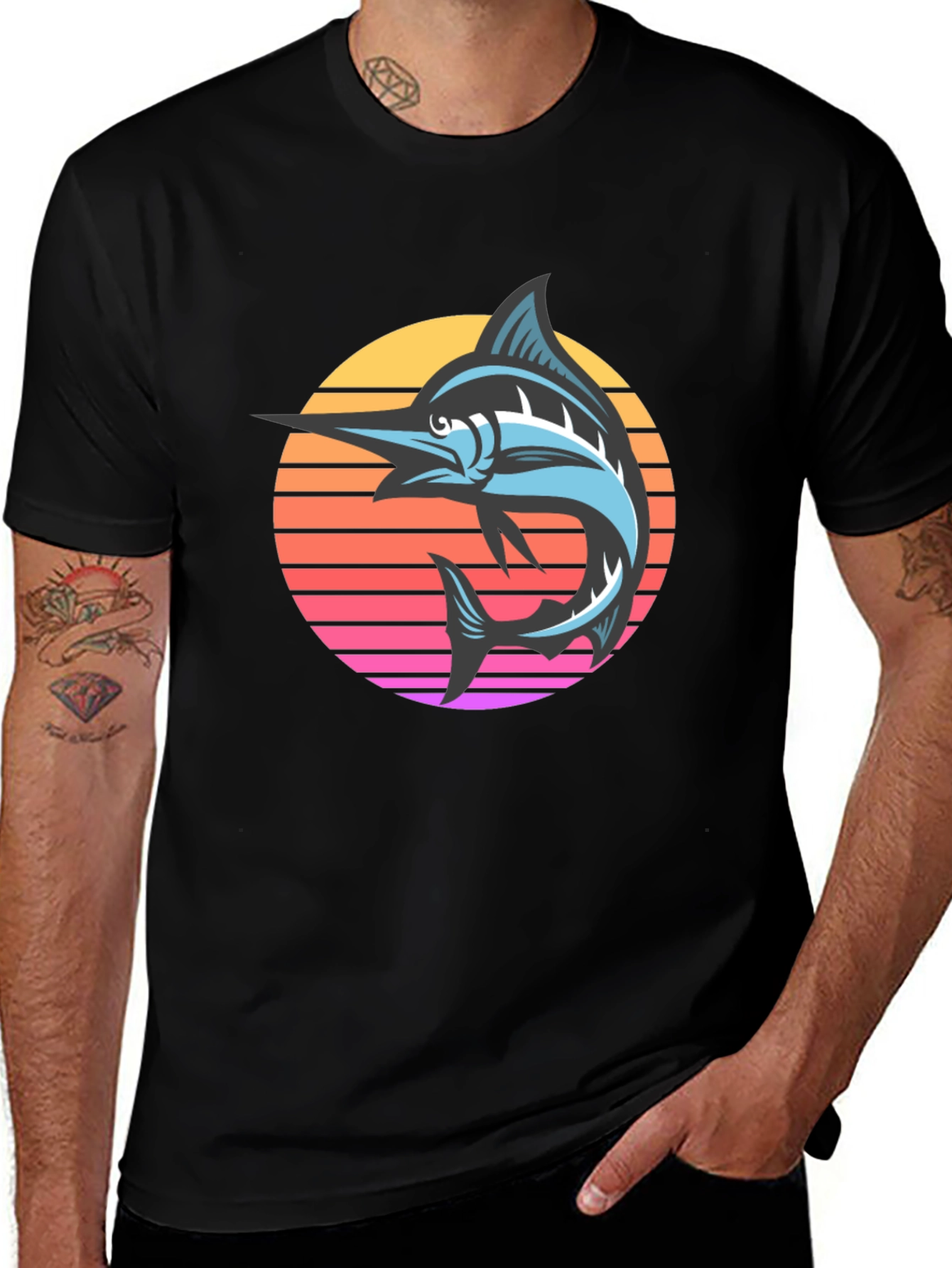 Variant 28 of Retro Marlin Sunset Graphic Tee - Black