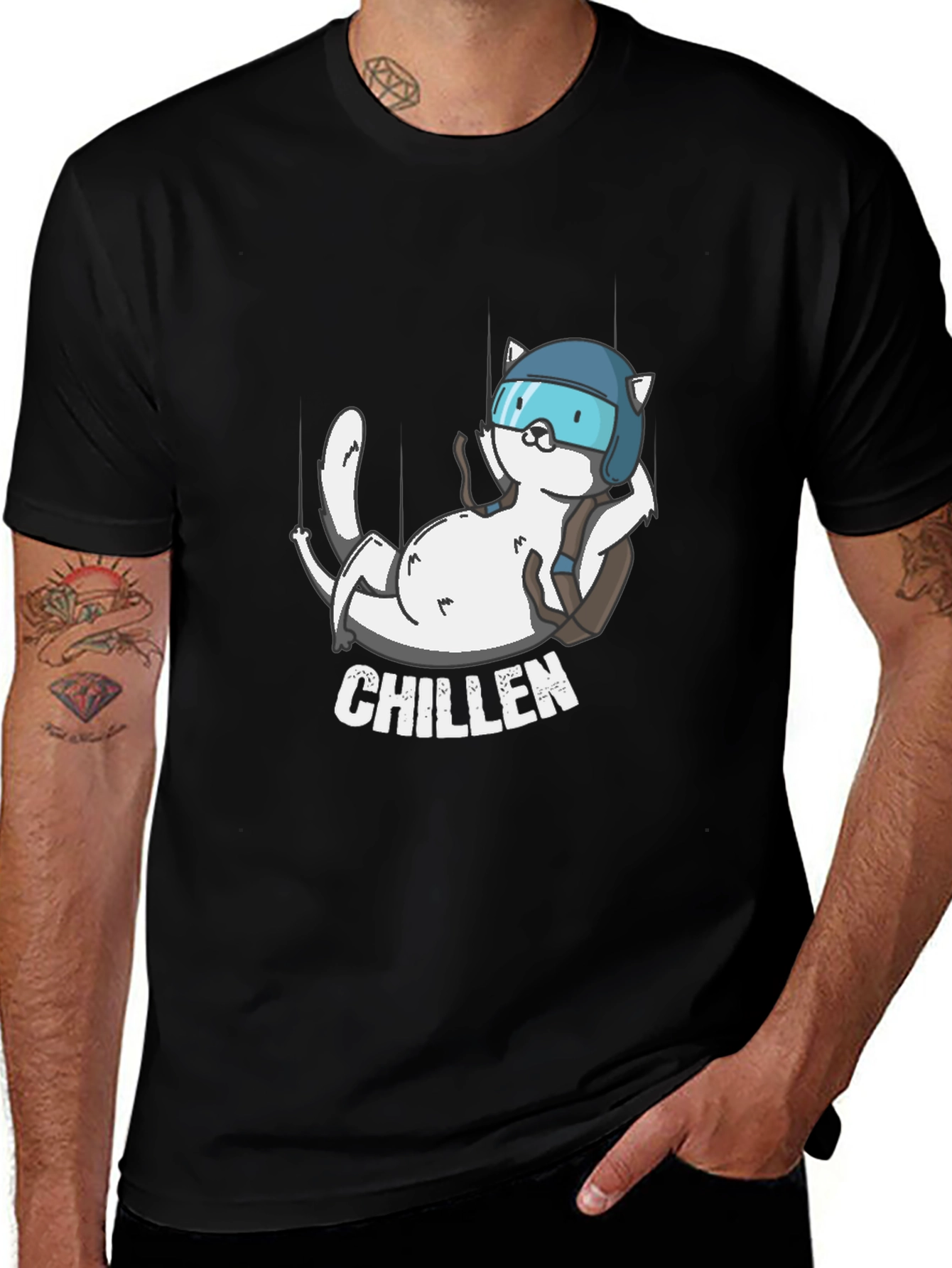 Chillen Cat Skydiver Black T-Shirt