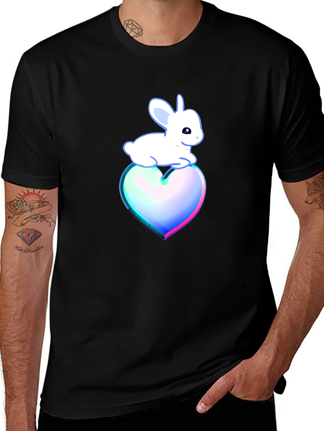 Variant 11 of Cute Bunny on Heart T-Shirt - Black Cotton