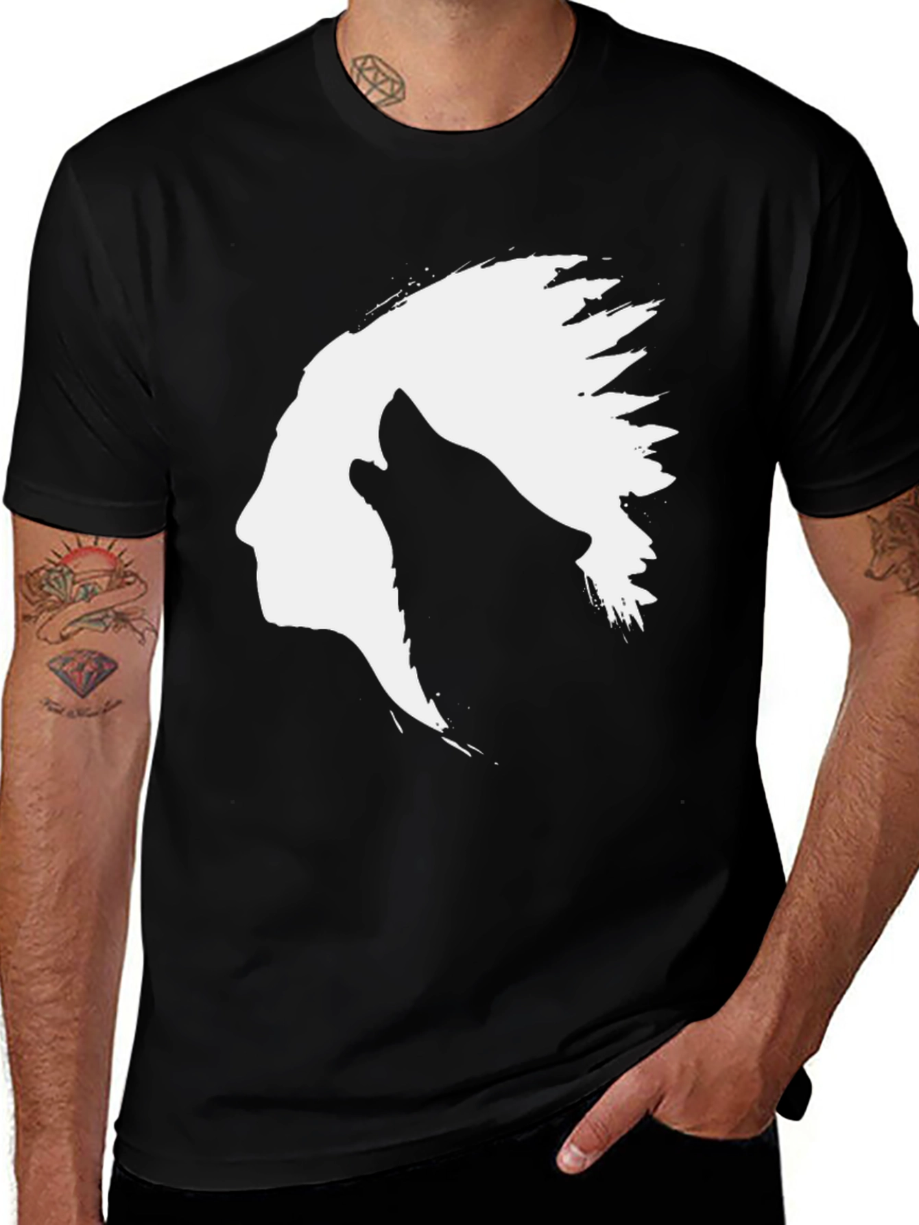 Variant 14 of Indian Chief & Wolf Graphic T-Shirt - Black Cotton Tee