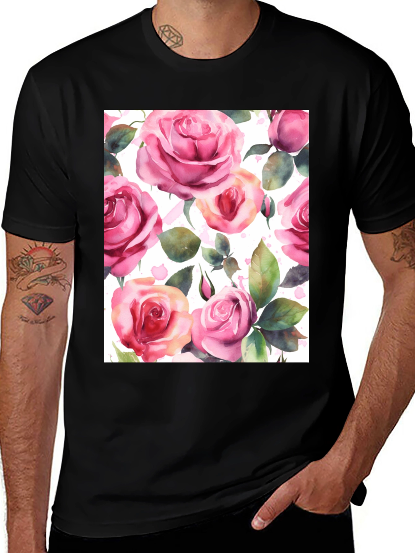 Variant 7 of Floral Rose Print Black T-Shirt for Men