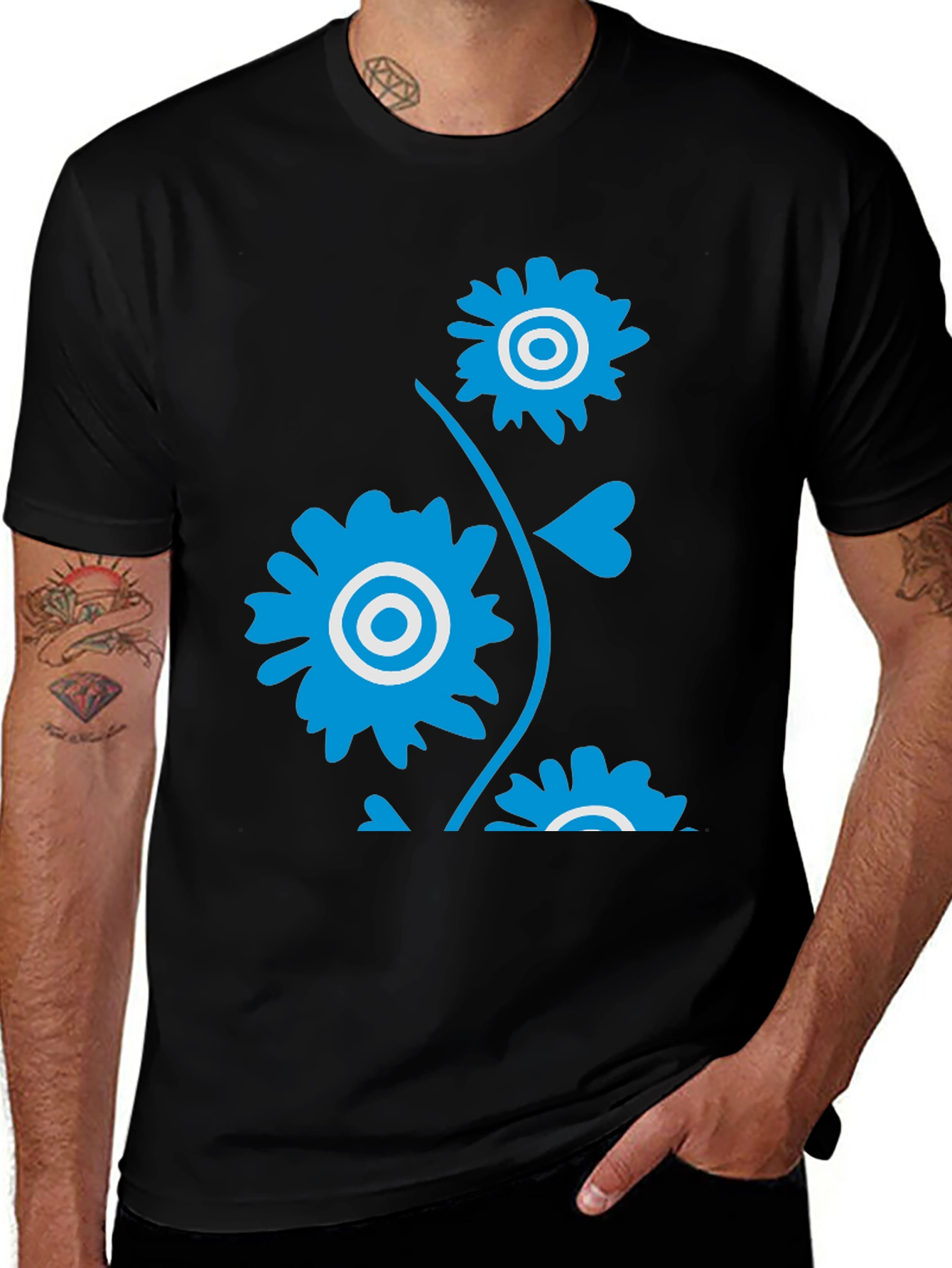 Black Men's Black T-Shirt with Blue Floral Design main image