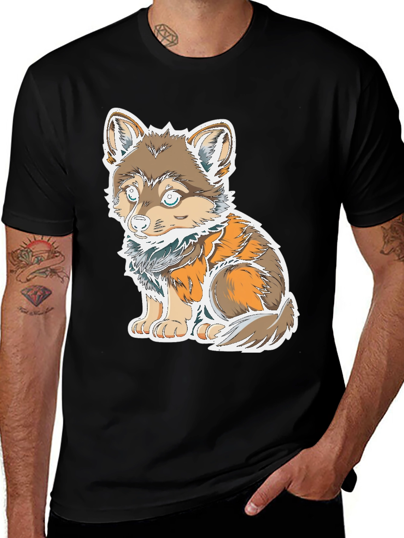 Variant 22 of Cute Cartoon Wolf Graphic T-Shirt - Black
