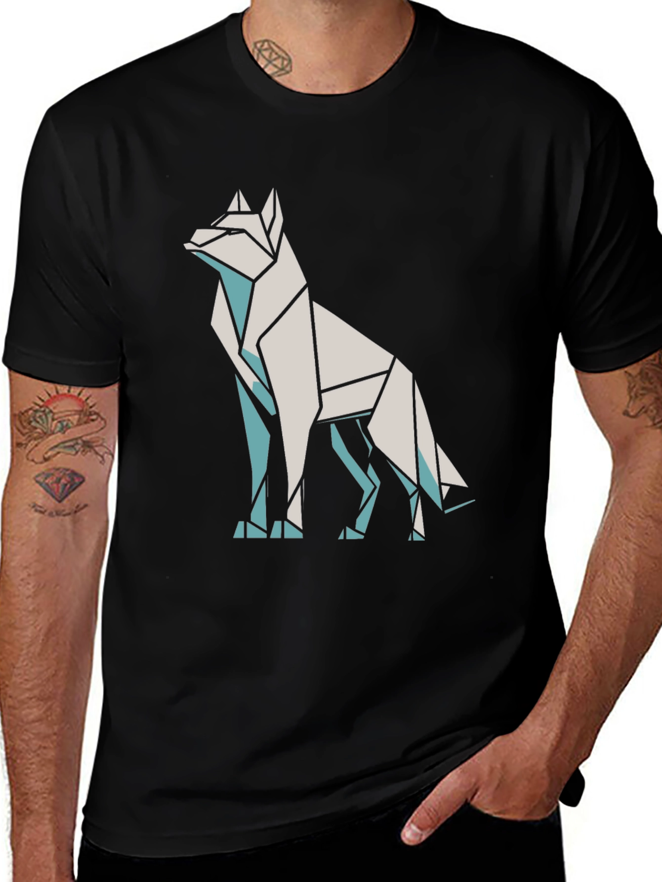 Variant 25 of Geometric Wolf Graphic Tee - Black Cotton Blend