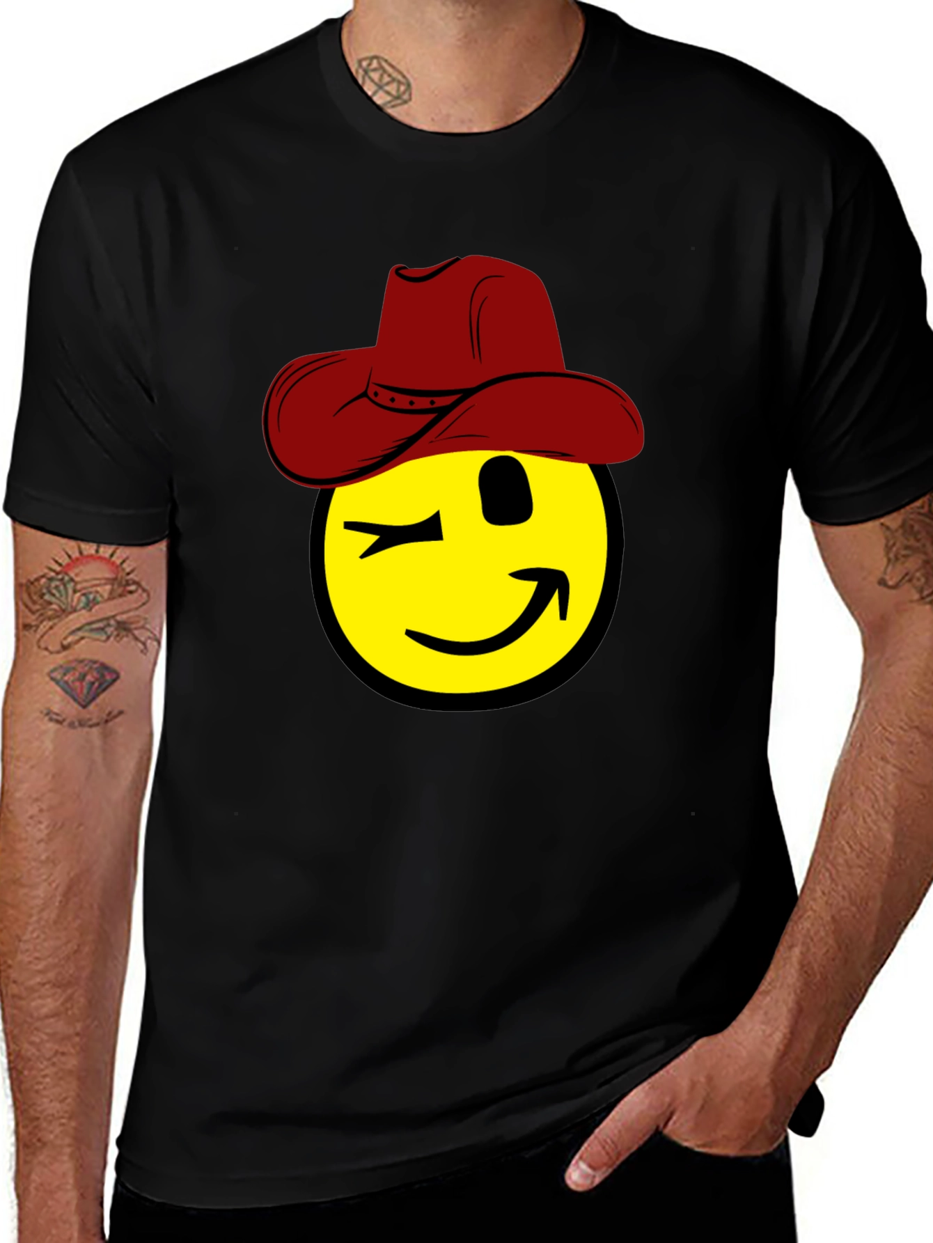 Winking Cowboy Emoji Graphic Tee - Black