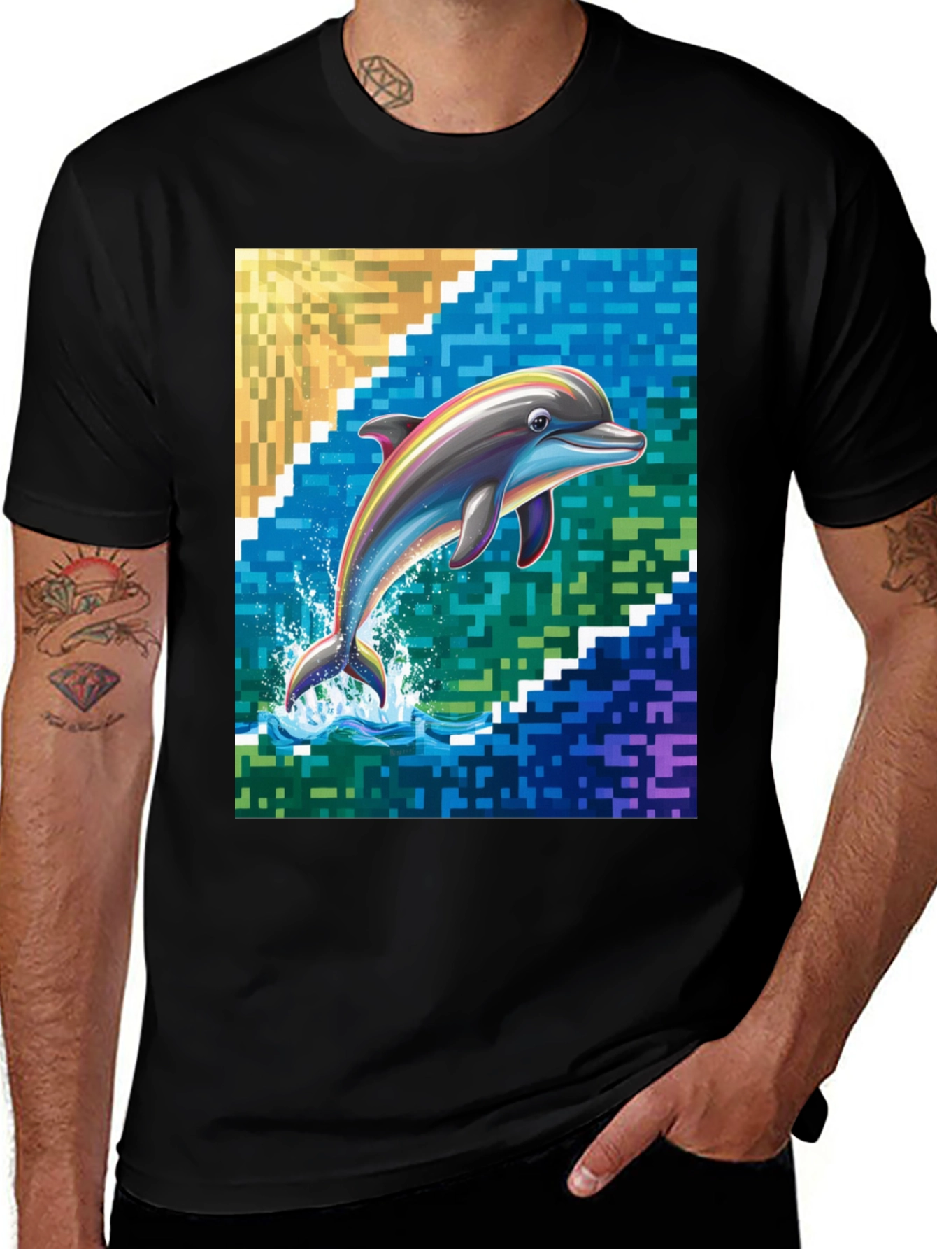 Variant 23 of Dolphin Pixel Art Graphic Tee - Men's Black T-Shirt