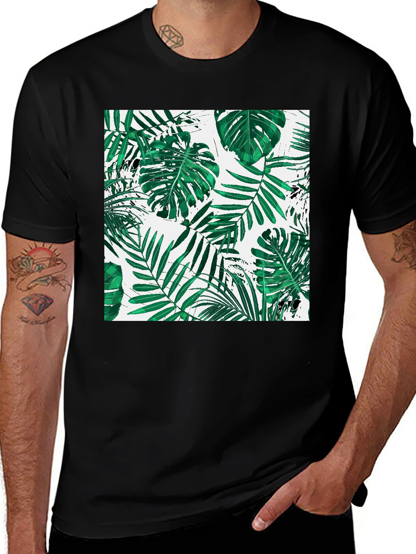 Variant 5 of Tropical Leaf Print Black T-Shirt
