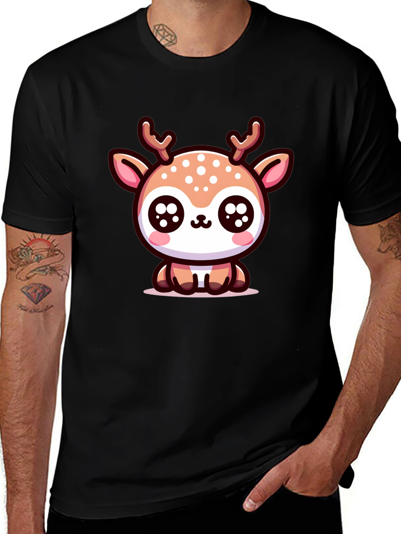 Cute Deer Graphic Tee - Black Cotton Blend