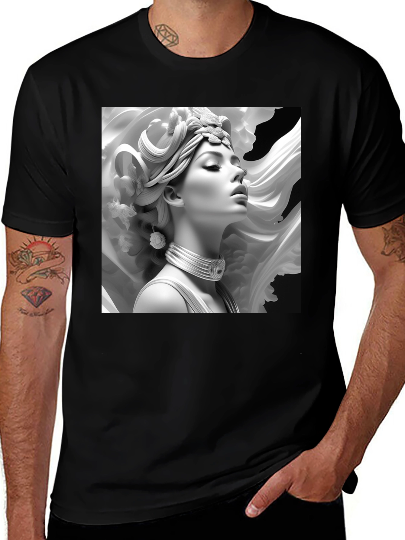 Variant 15 of Elegant Black T-Shirt with Artistic Woman Portrait Design