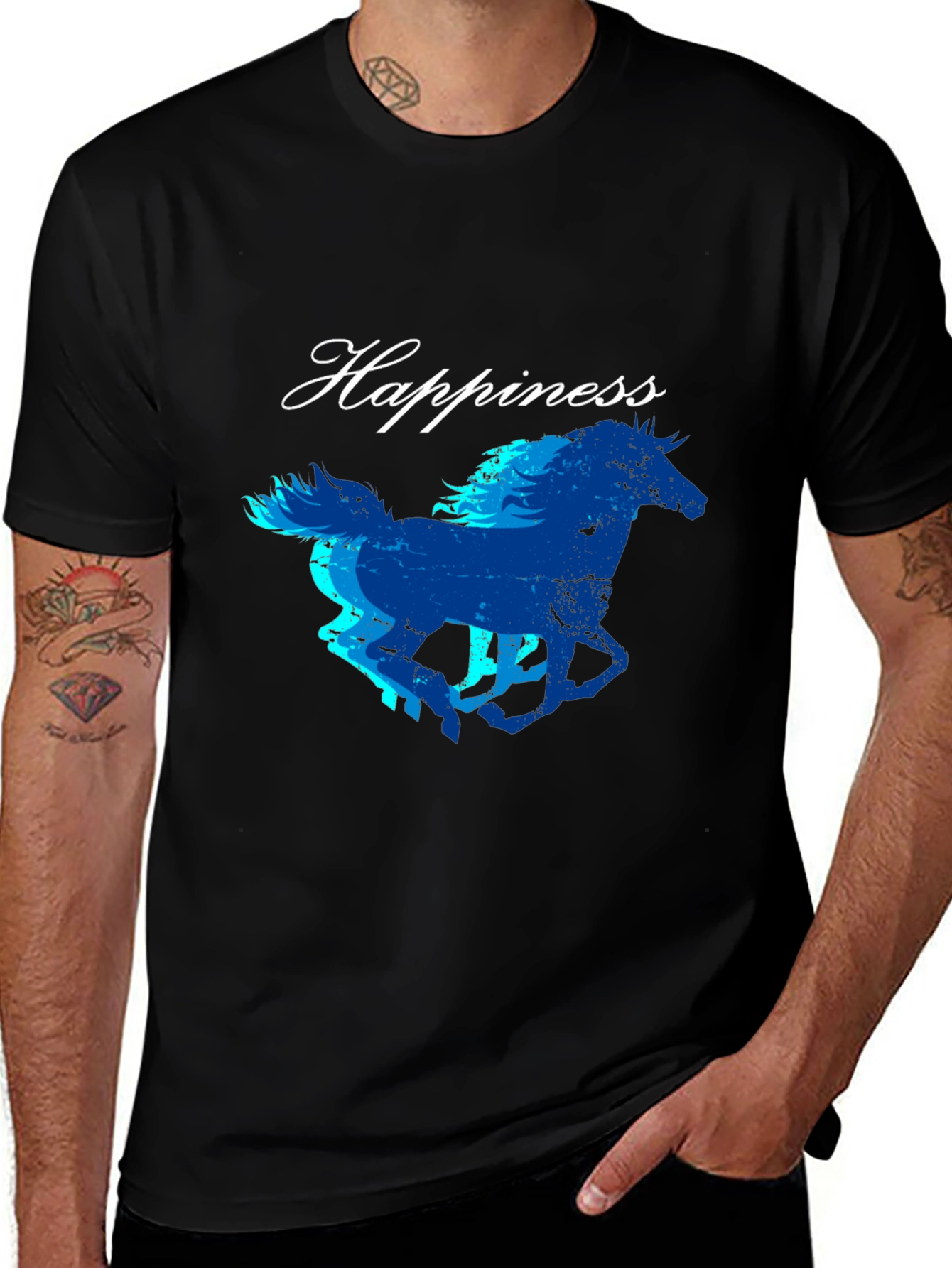 Variant 18 of Black "Happiness" Horse Graphic T-Shirt