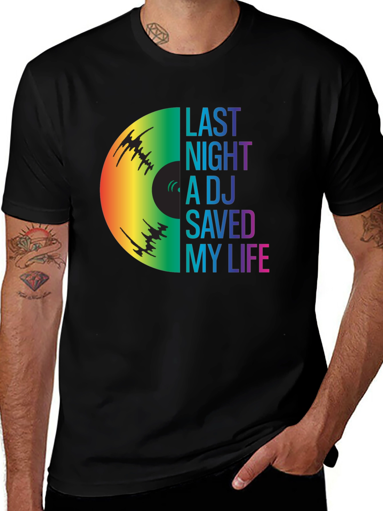 Variant 26 of Last Night A DJ Saved My Life Rainbow Graphic Tee