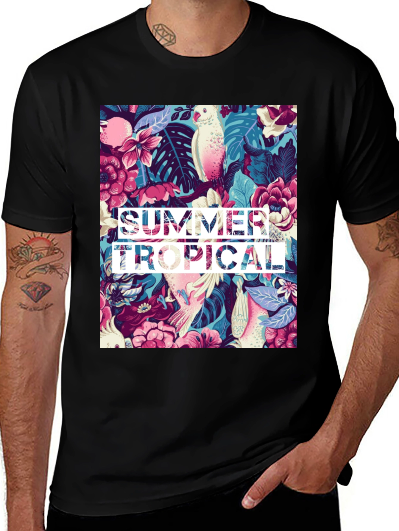 Variant 15 of Tropical Summer T-Shirt - Floral & Parrot Print