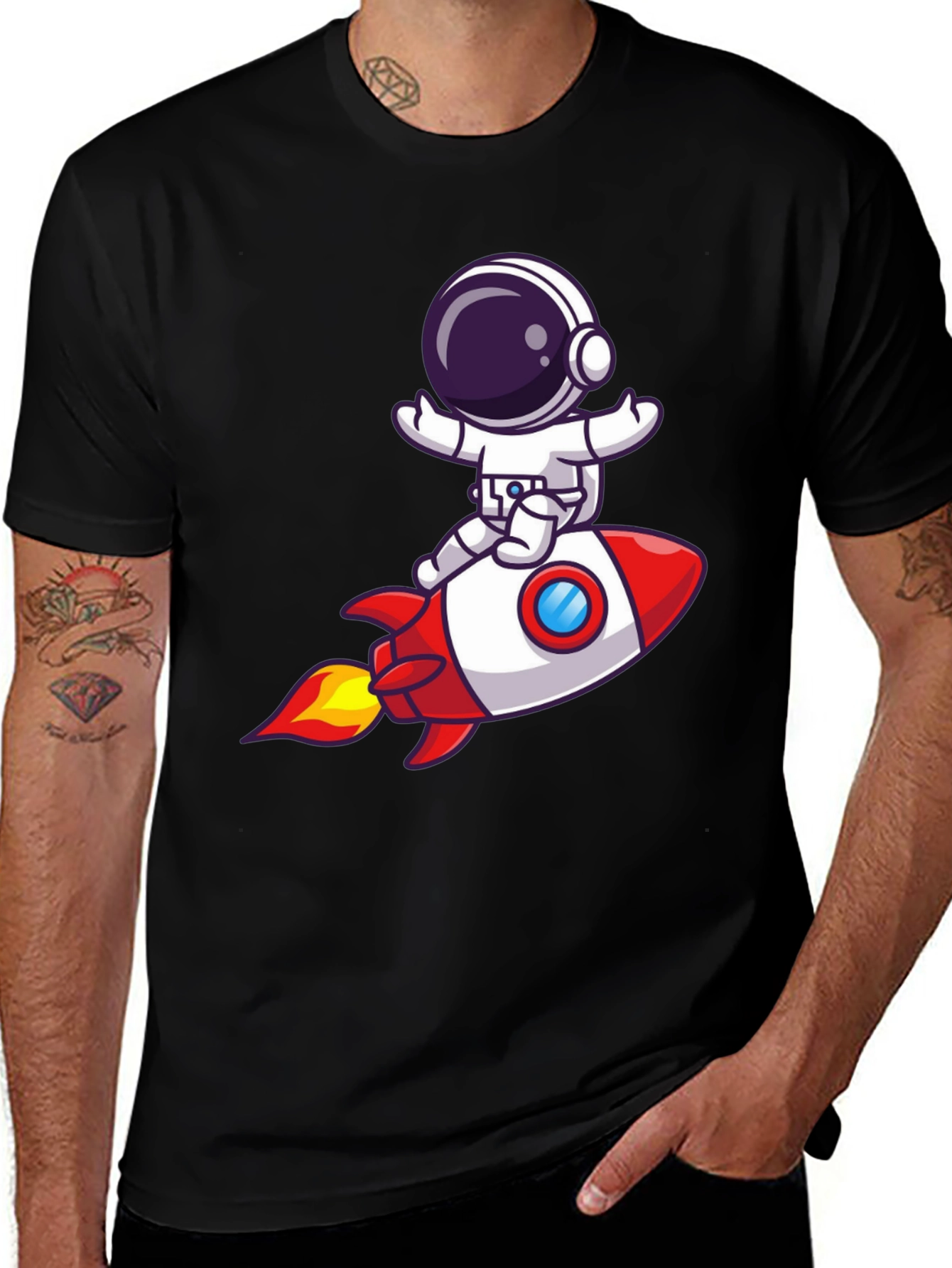 Variant 26 of Astronaut Rocket Ride Graphic Tee - Black Cotton T-Shirt