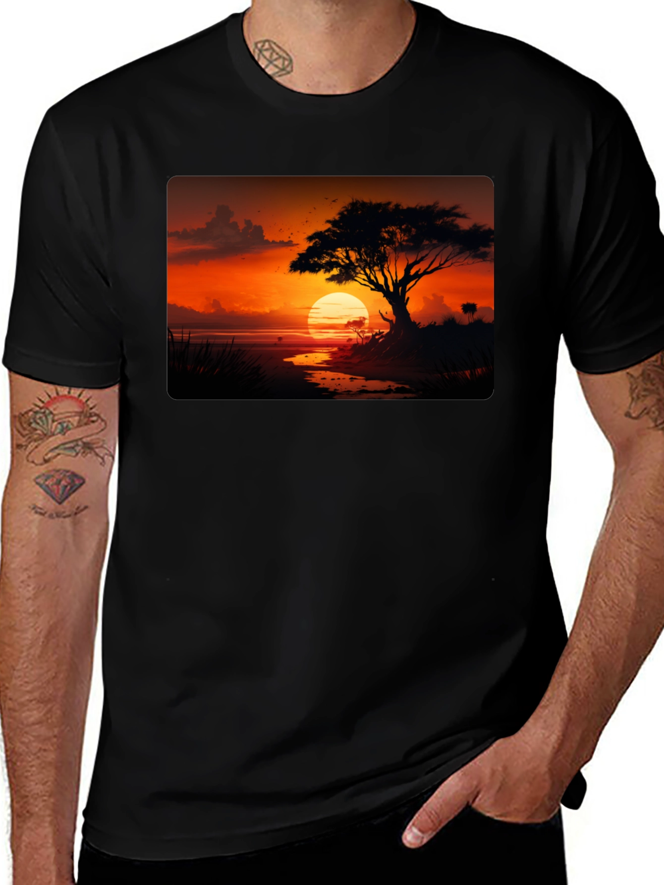 Variant 6 of Sunset Tree Graphic Tee - Black Cotton Blend Shirt