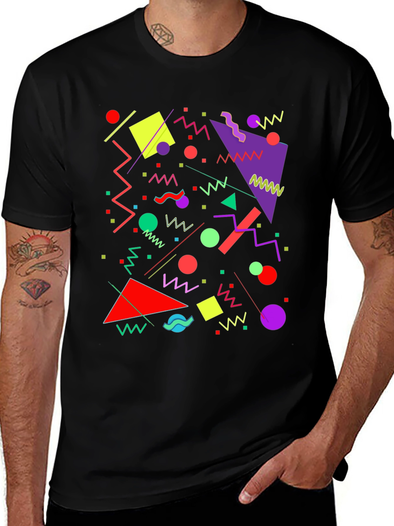 Retro 90s Geometric Pattern Black T-Shirt