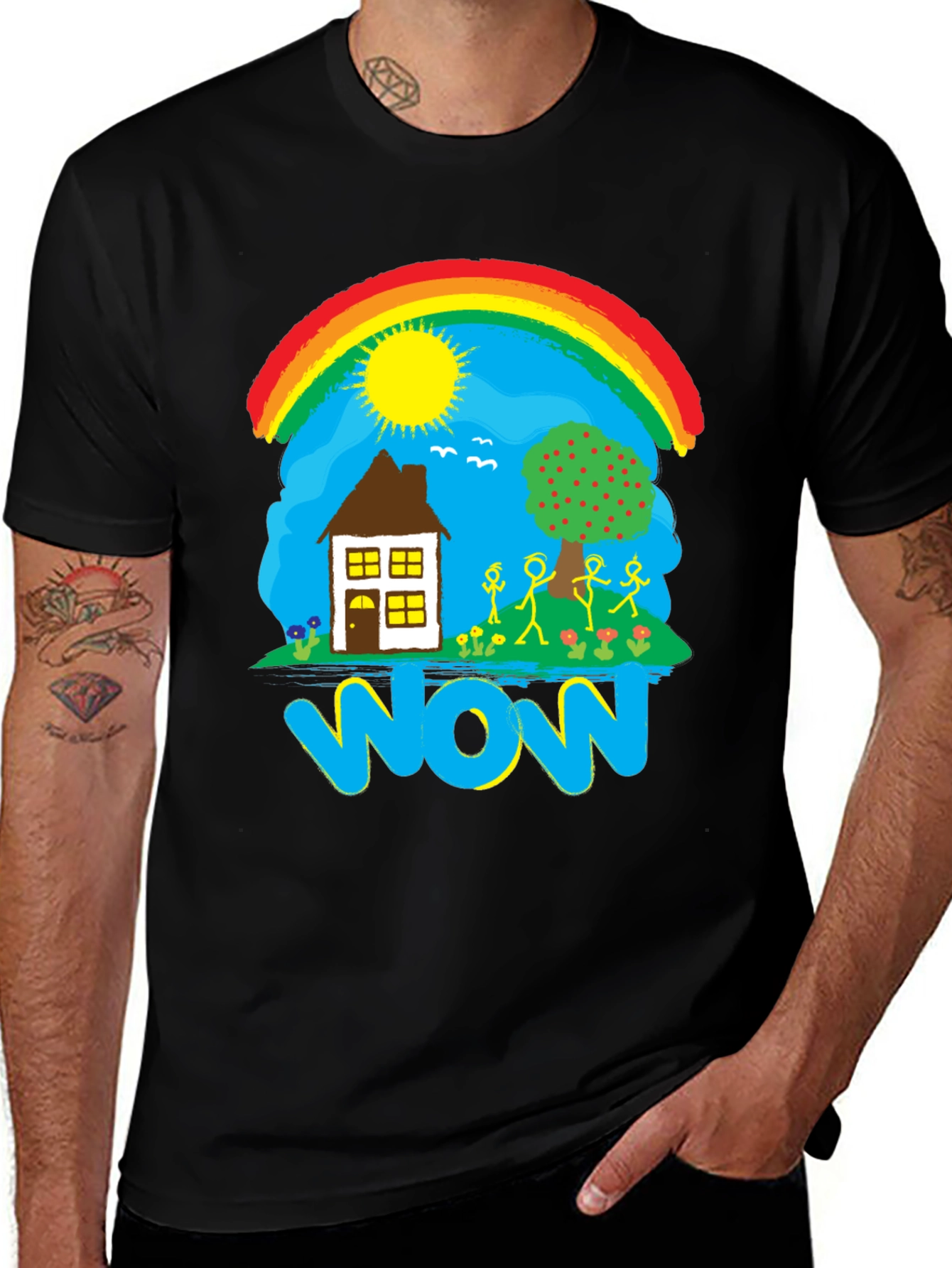 Variant 25 of Whimsical "WOW" T-Shirt - Rainbow, House, and Stick Figures