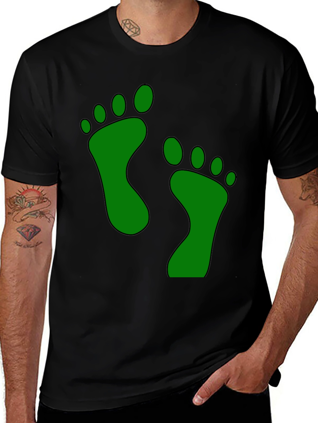Green Footprint Graphic Black T-Shirt