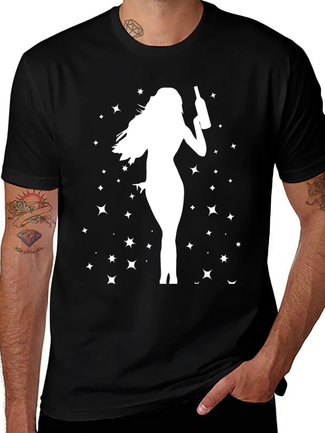 Variant 13 of Wine Girl Starry Night Graphic T-Shirt - Casual Black Tee