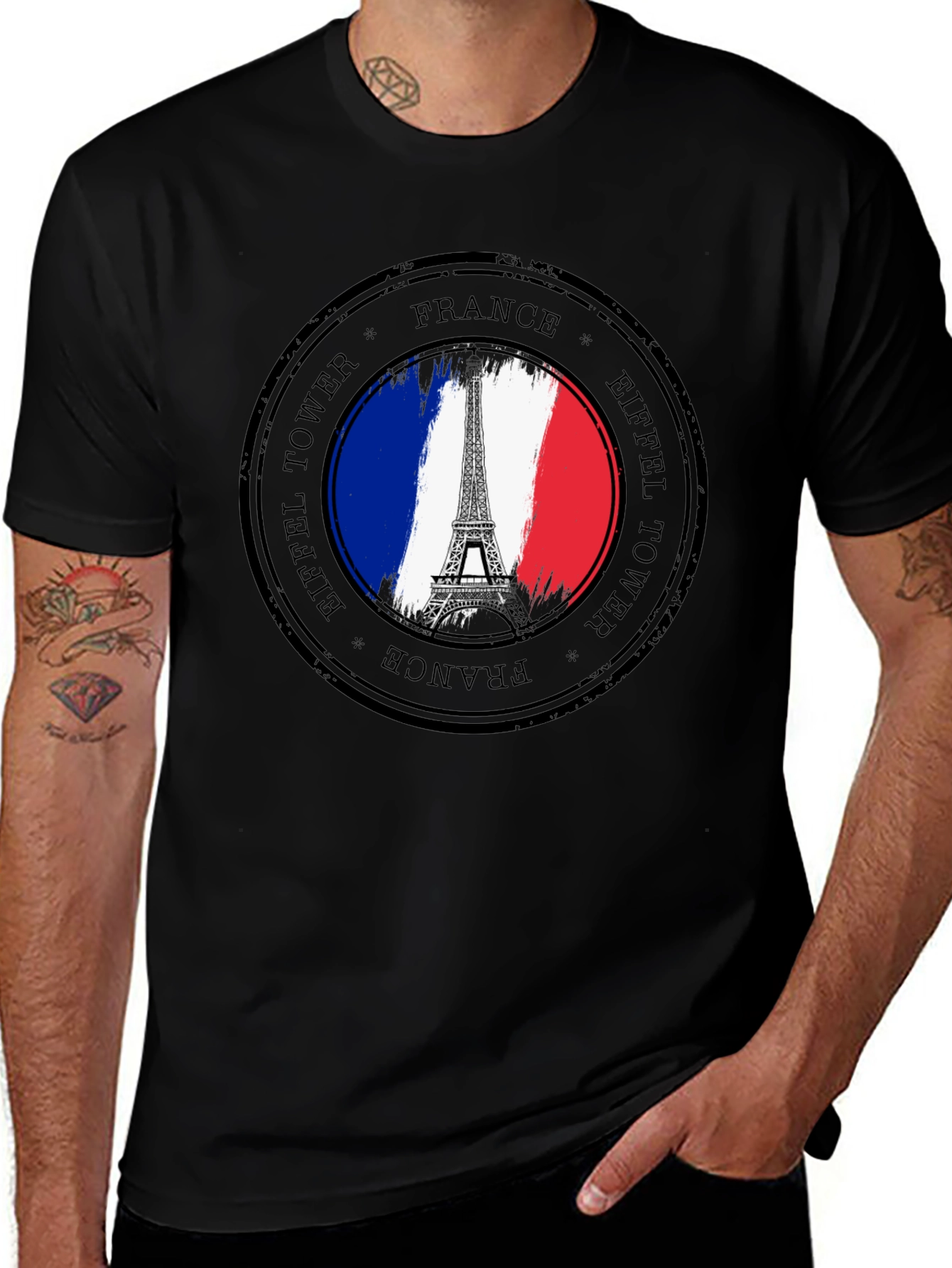 Eiffel Tower France Stamp Black T-Shirt