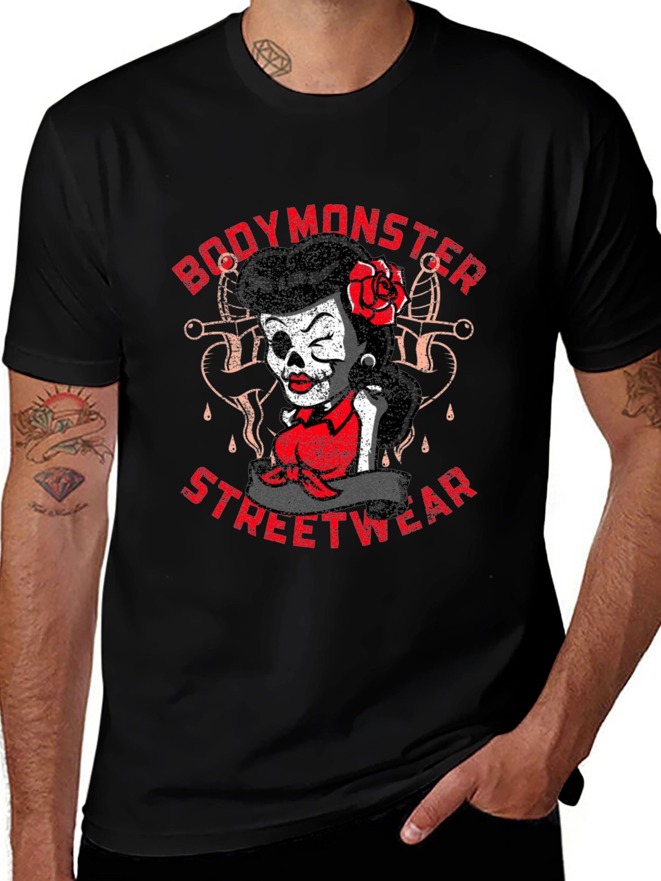 Variant 22 of BodyMonster Streetwear Skull Pin-Up Black T-Shirt