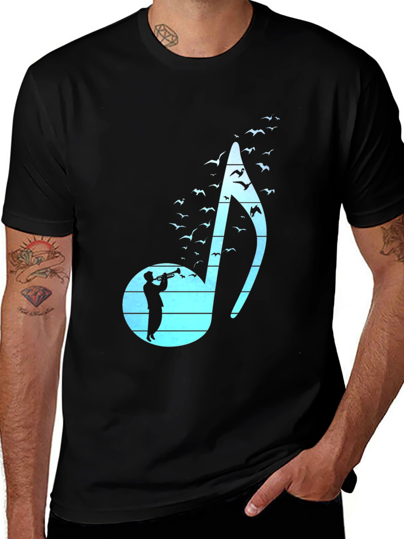 Variant 20 of Musical Note T-Shirt with Trumpet Player and Birds