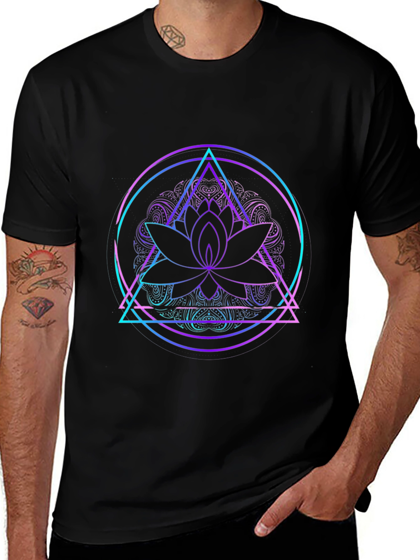 Variant 22 of Lotus Flower Geometric Graphic Tee - Men's Black T-Shirt