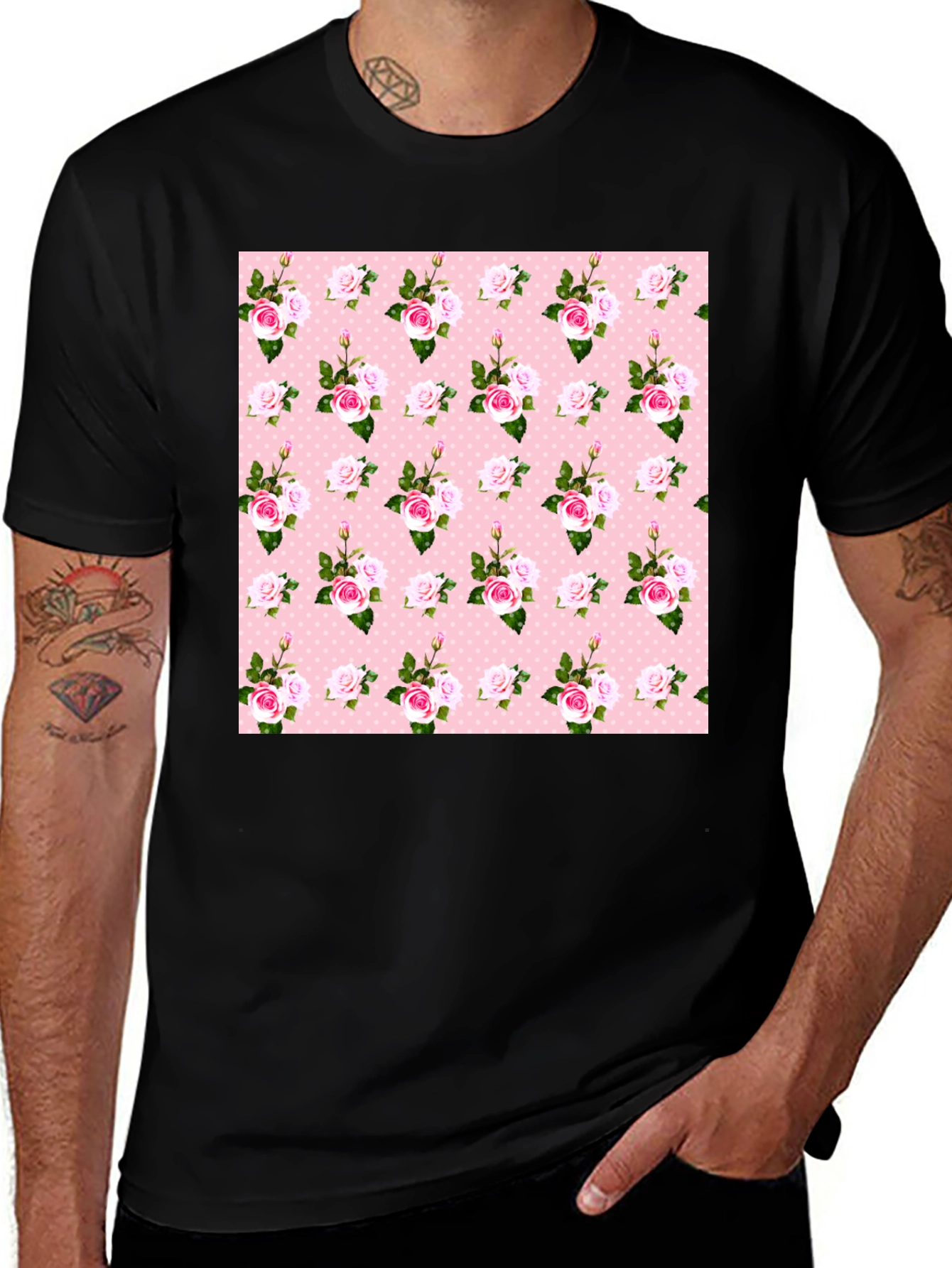 Variant 11 of Floral Rose Pattern T-Shirt - Black