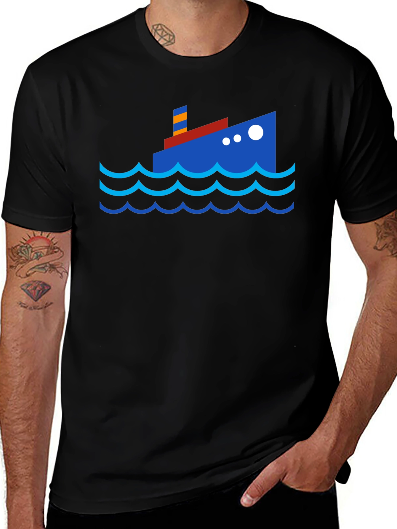 Variant 2 of Cartoon Ship Graphic Tee - Black