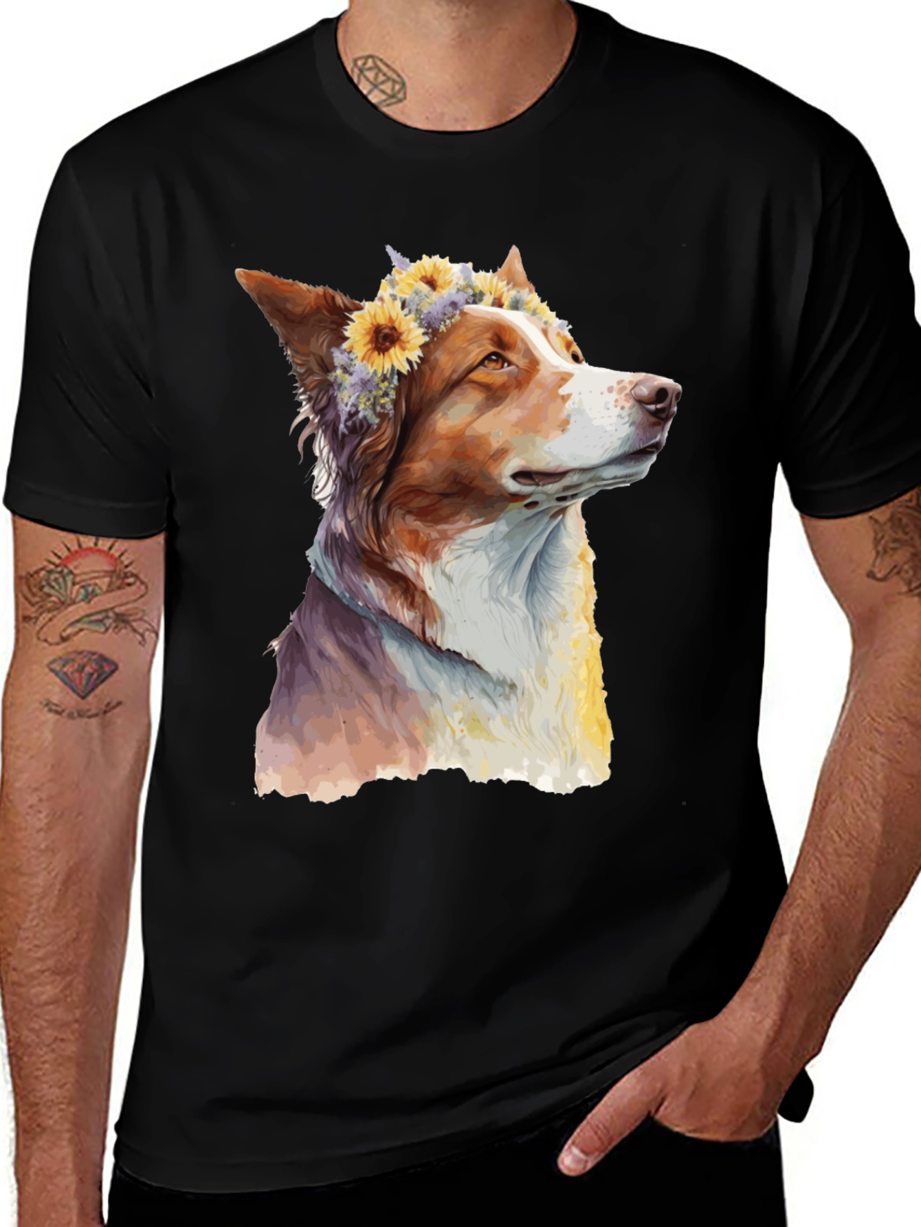 Variant 4 of Dog with Flowers Graphic Tee - Artistic Print