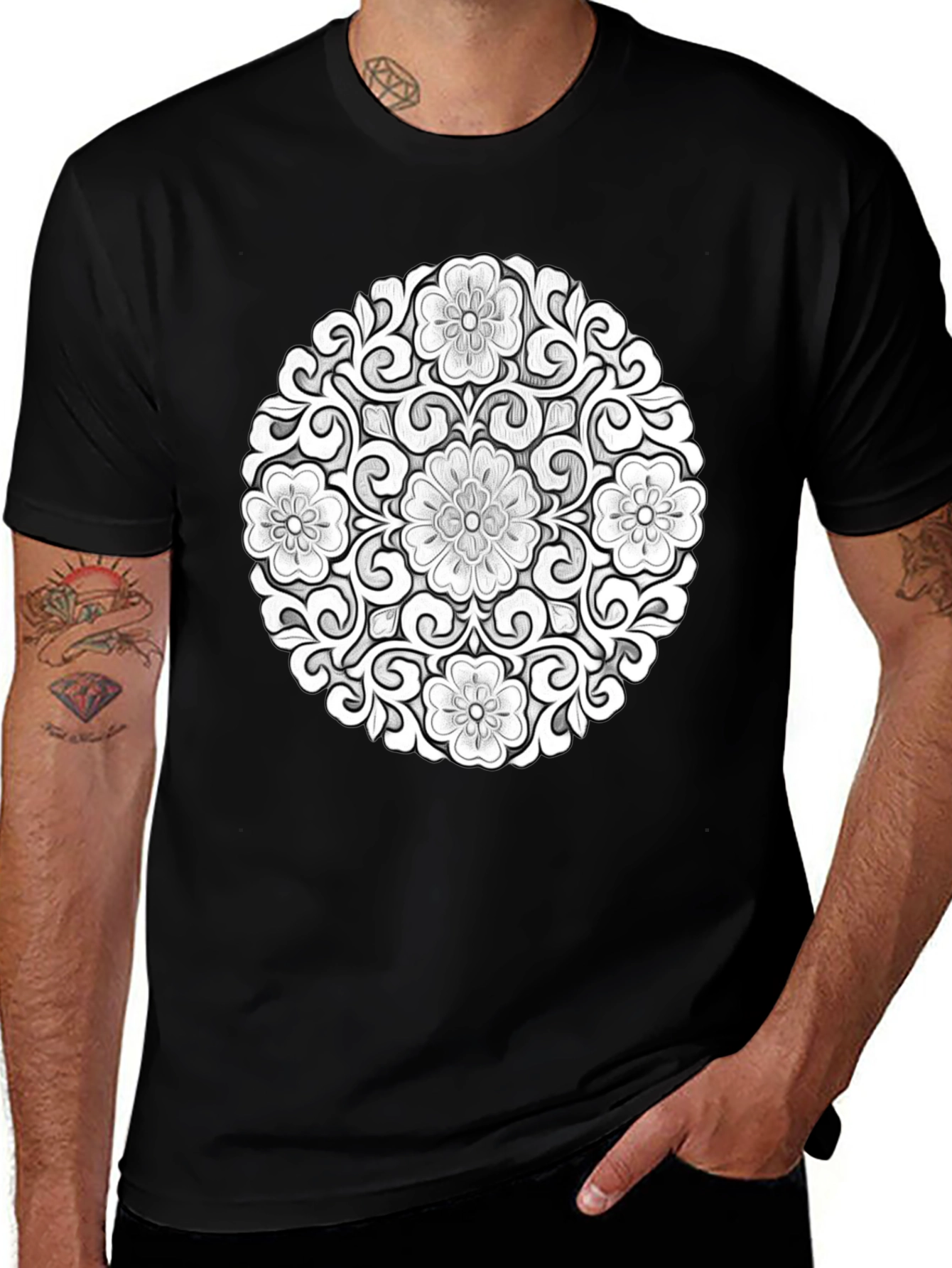Variant 8 of Floral Mandala Graphic Tee - Modern Black T-Shirt