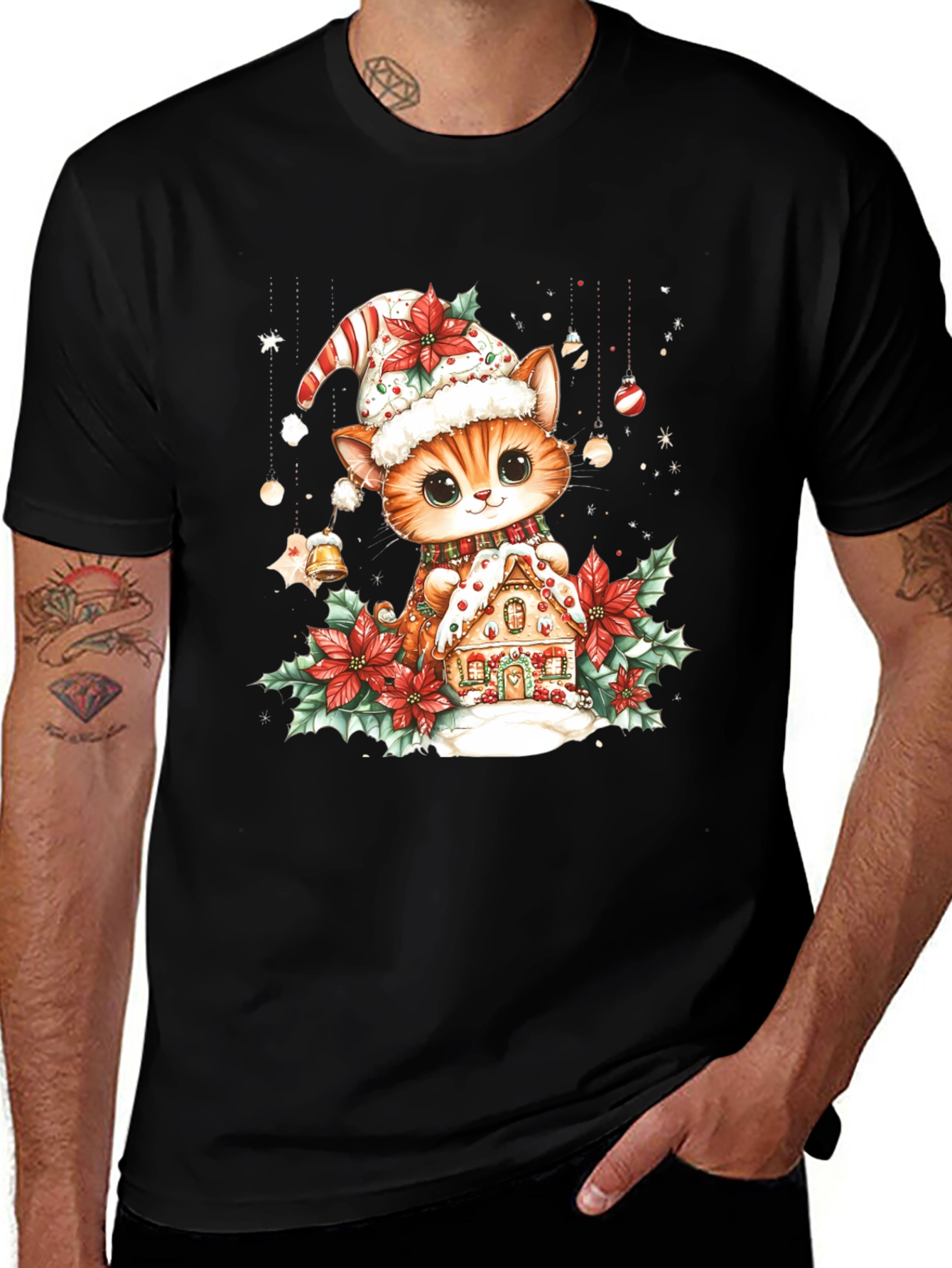 Festive Cat & Gingerbread House Black T-Shirt