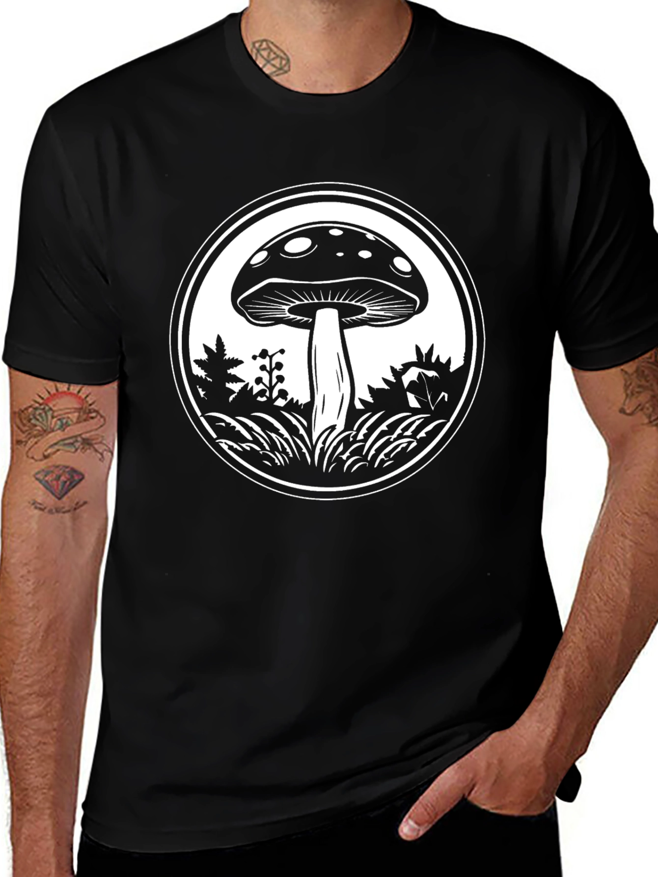 Variant 29 of Mushroom Graphic Tee - Black Cotton Blend T-Shirt