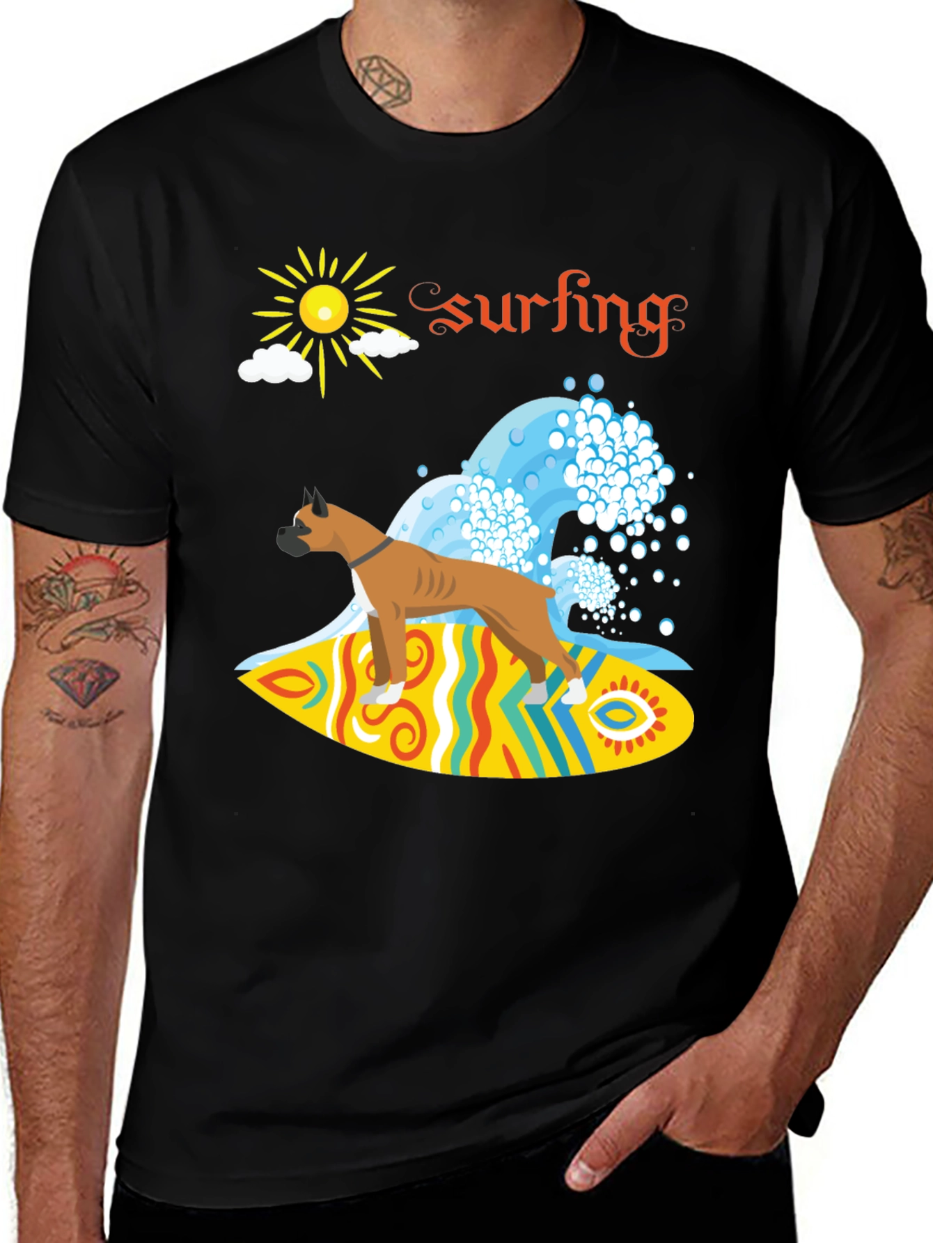 Variant 15 of Surfing Boxer Dog Graphic Tee