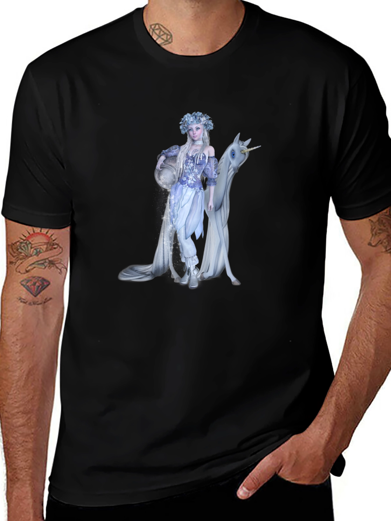 Variant 28 of Fantasy Maiden & Unicorn Graphic Tee - Black