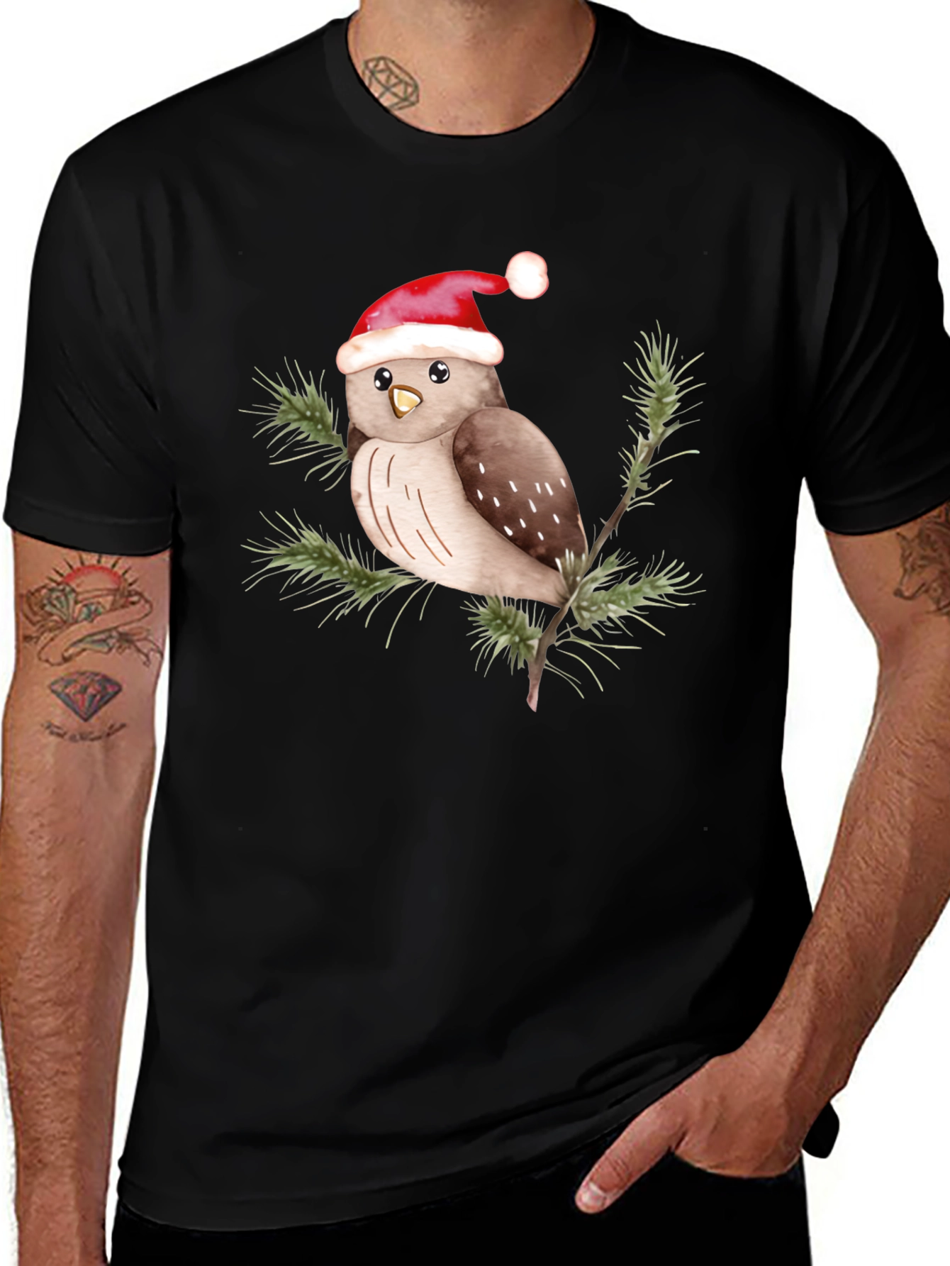 Black Festive Owl Tee - Holiday Cheer main image
