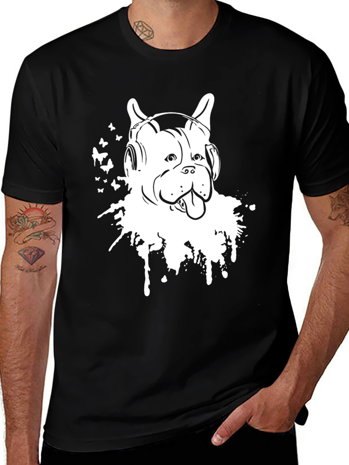 Variant 29 of Dog DJ T-Shirt - Black Cotton Tee with Graphic Print