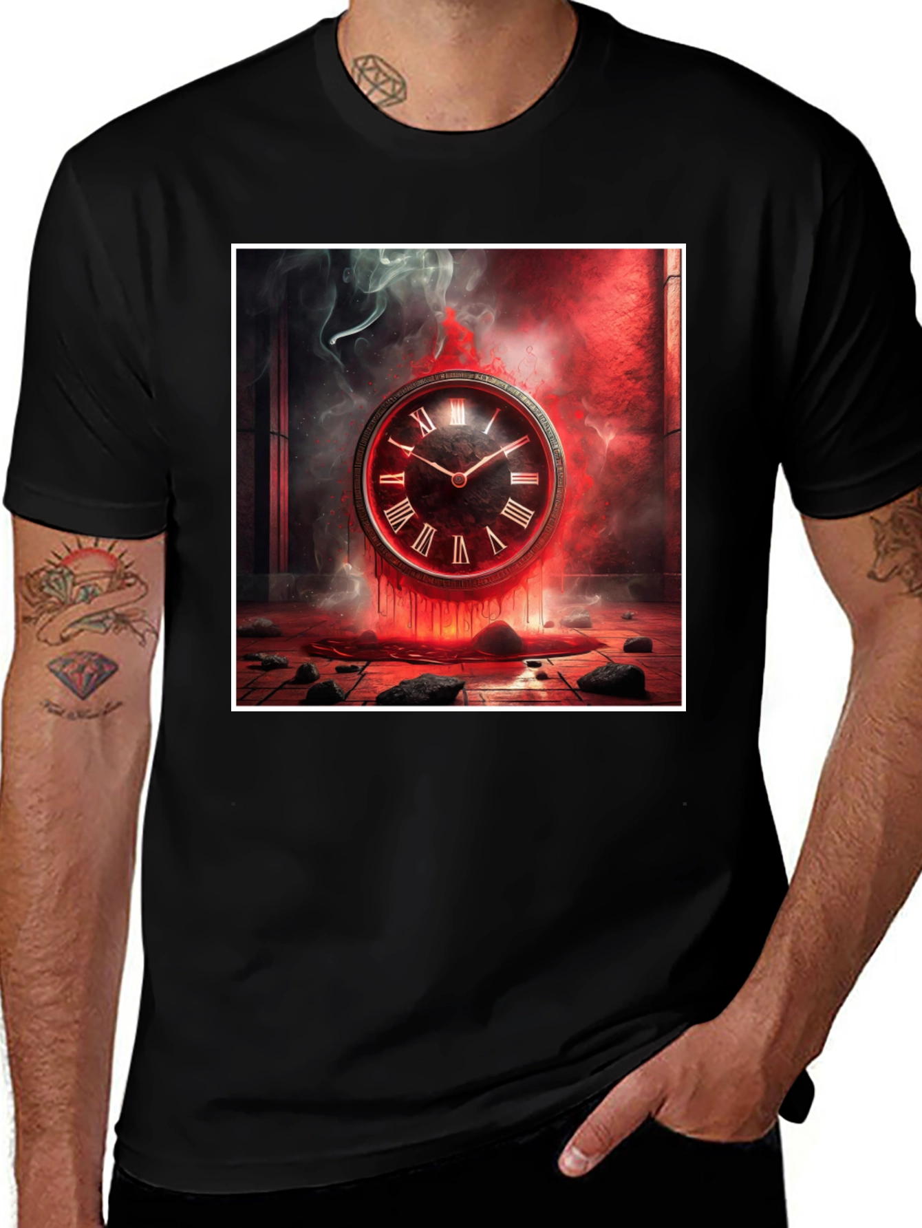 Variant 3 of Time Warp Tee - Red Clock Design